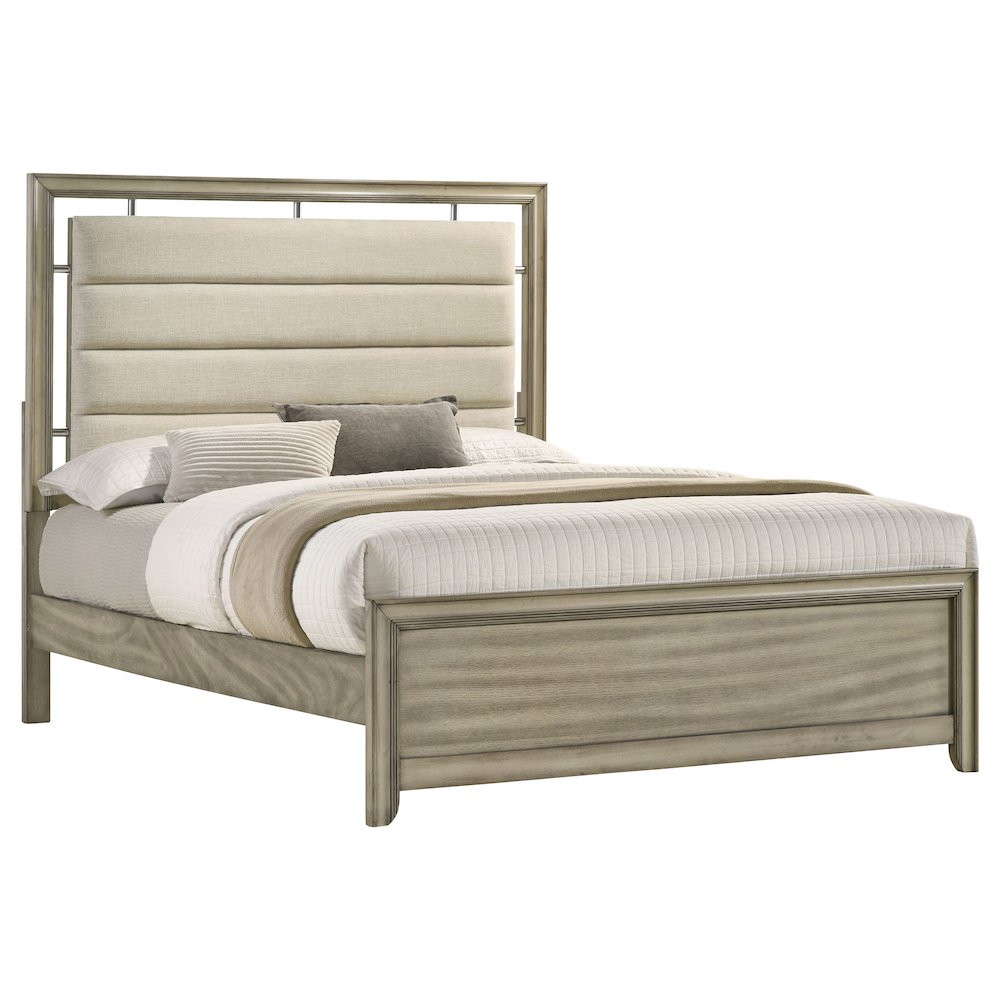 Alvere California king panel bed, rustic beige wood with tufted headboard