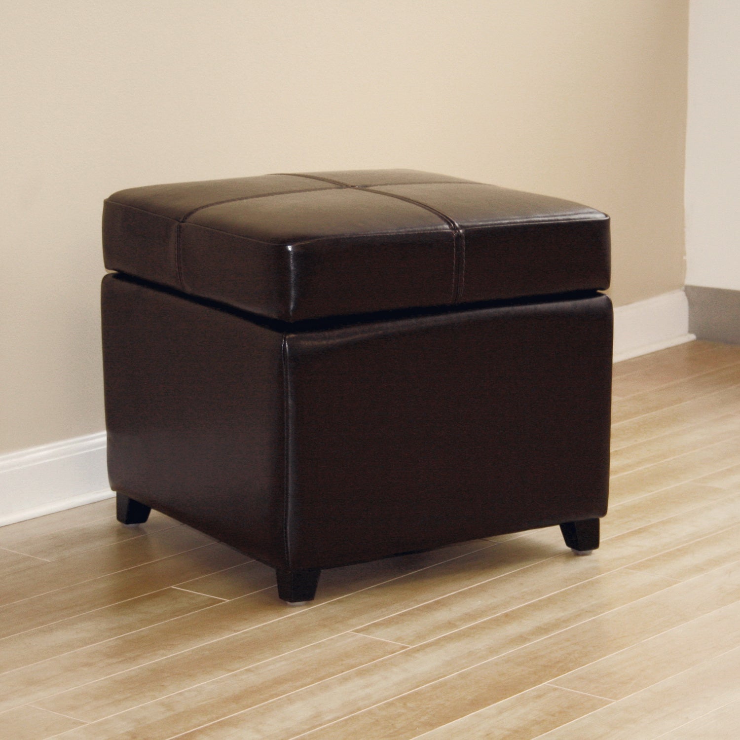 Dark Brown Upholstered Leather Cube Storage Ottoman