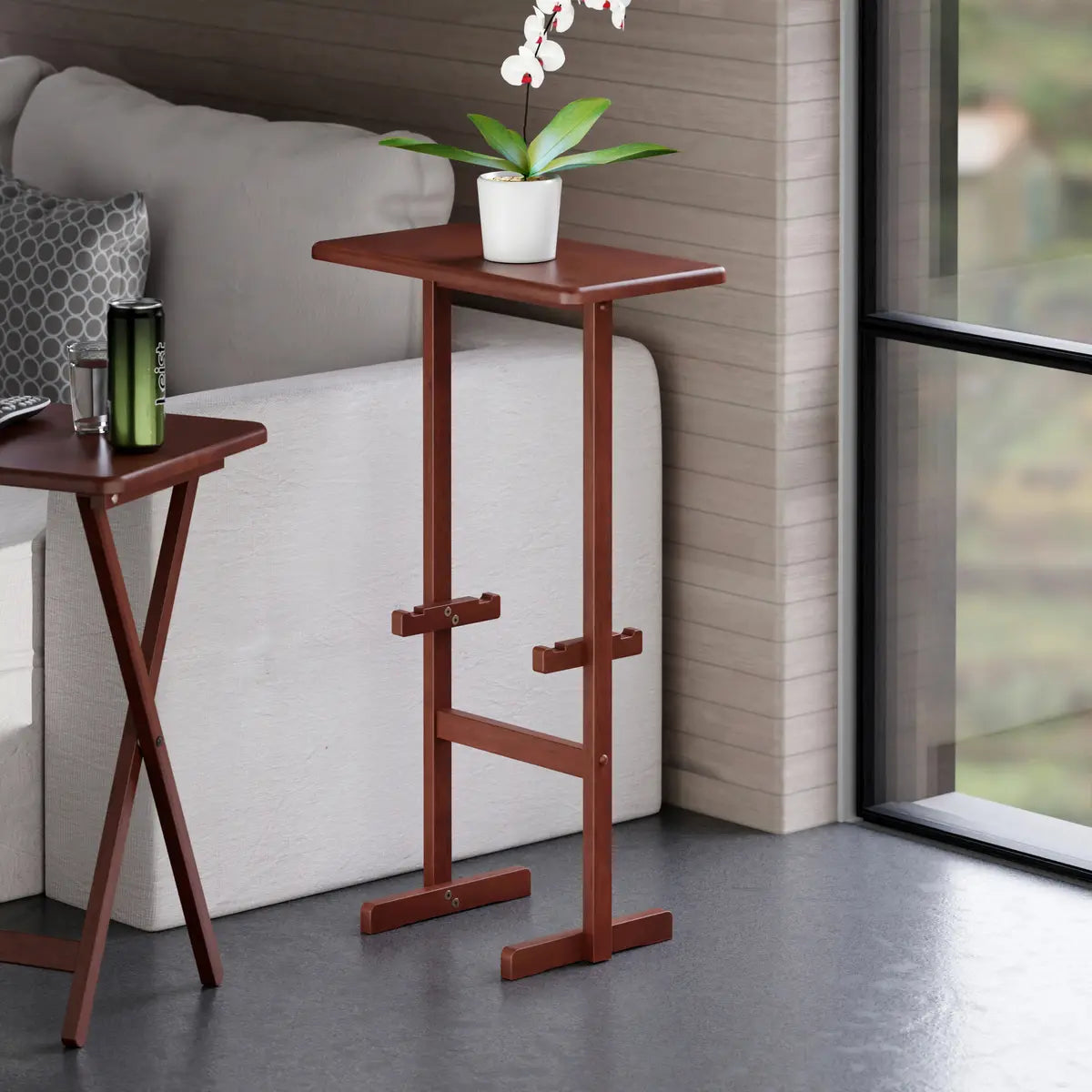 Riley Snack Table Rack, Walnut Finish