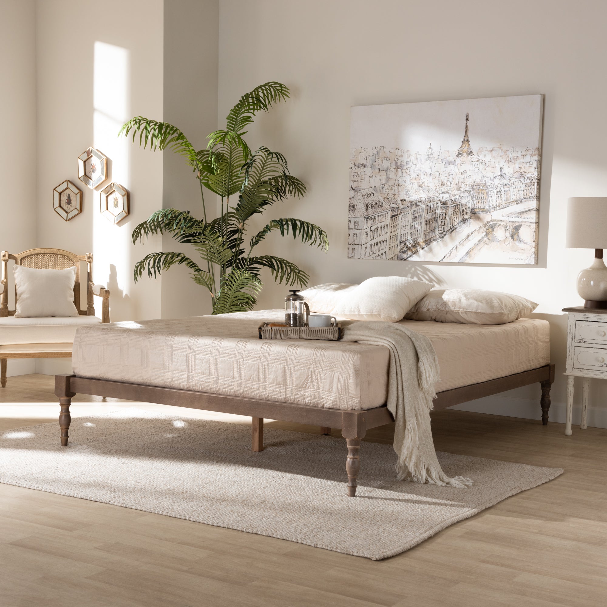 Iseline Modern and Contemporary Antique Oak Finished Wood Queen Size Platform Bed Frame
