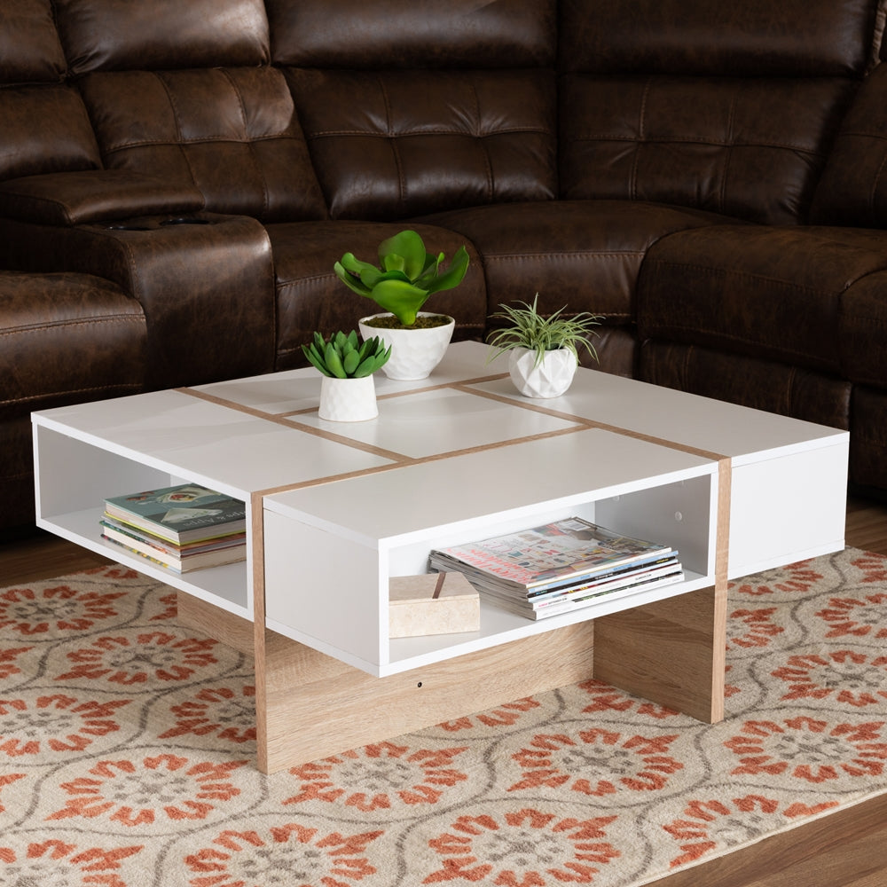 Rasa Modern and Contemporary Two-Tone White and Oak Finished Wood Coffee Table