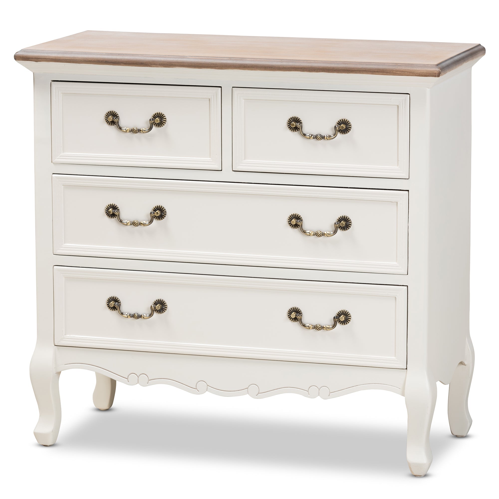 Amalie Antique French Country Cottage Two-Tone White and Oak Finished 4-Drawer Accent Storage Cabinet