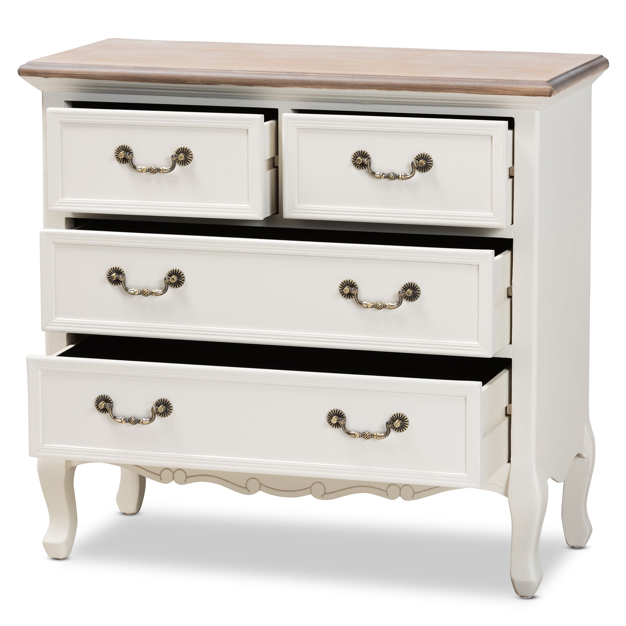 Amalie Antique French Country Cottage Two-Tone White and Oak Finished 4-Drawer Accent Storage Cabinet