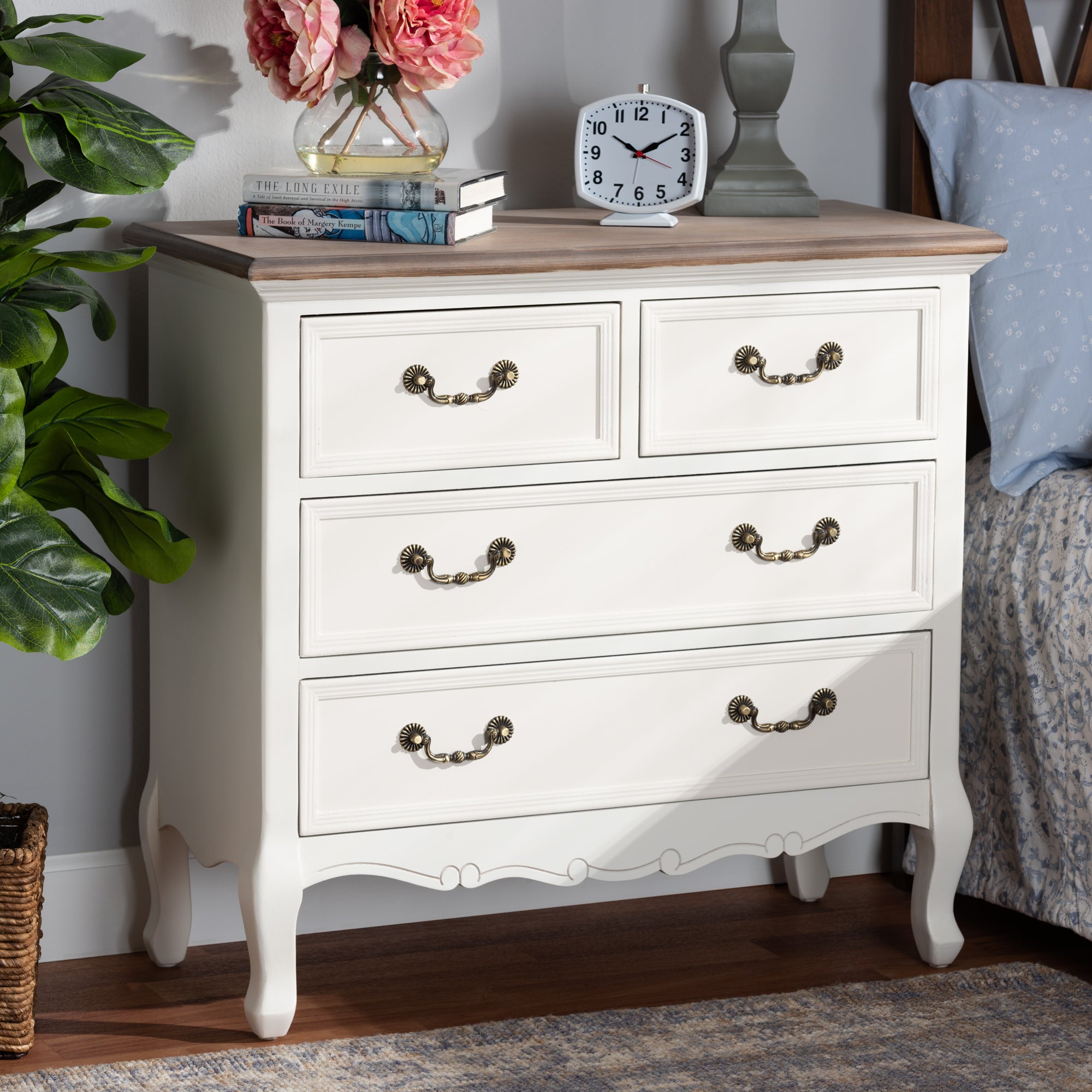 Amalie Antique French Country Cottage Two-Tone White and Oak Finished 4-Drawer Accent Storage Cabinet