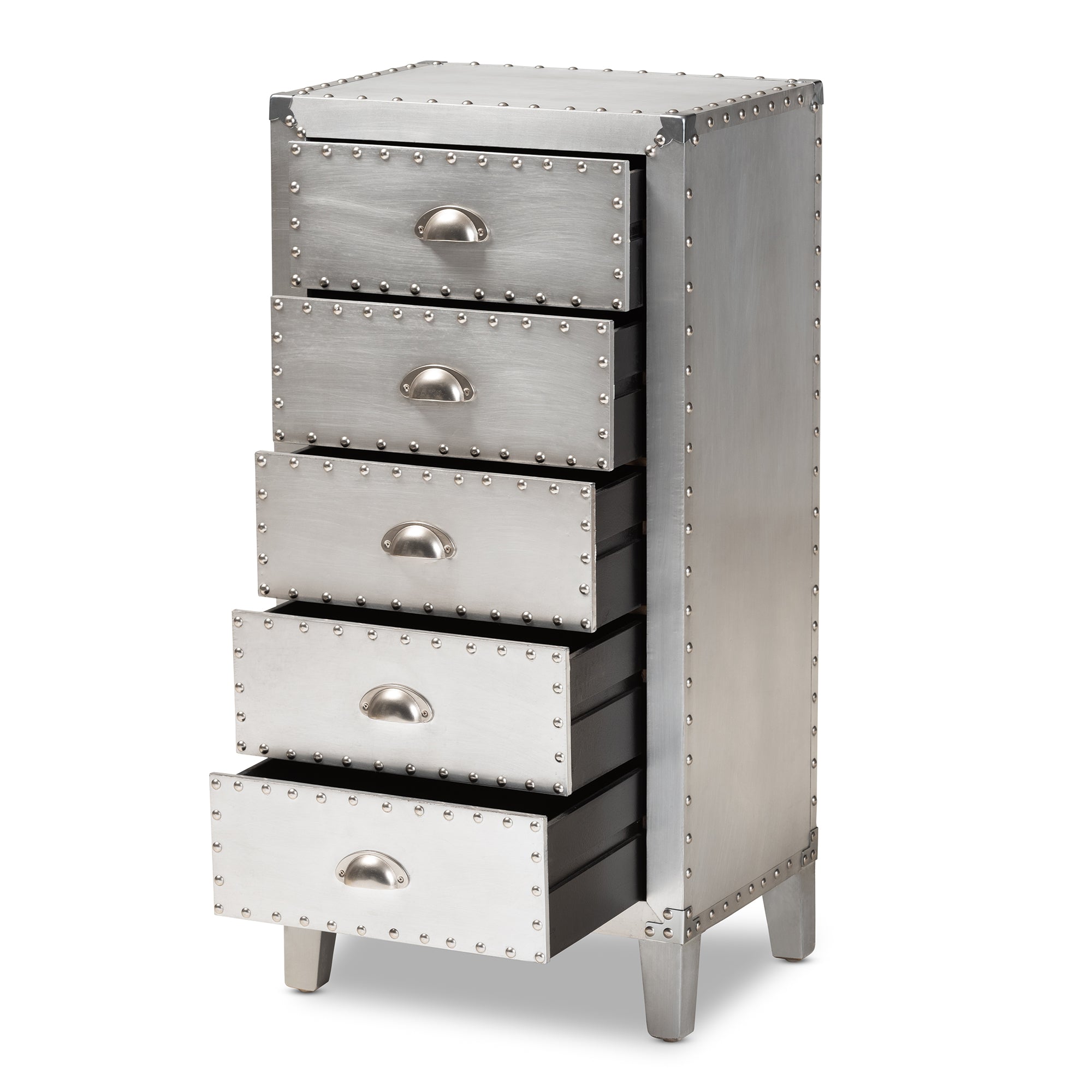 Carel French Industrial Silver Metal 5-Drawer Accent Storage Cabinet