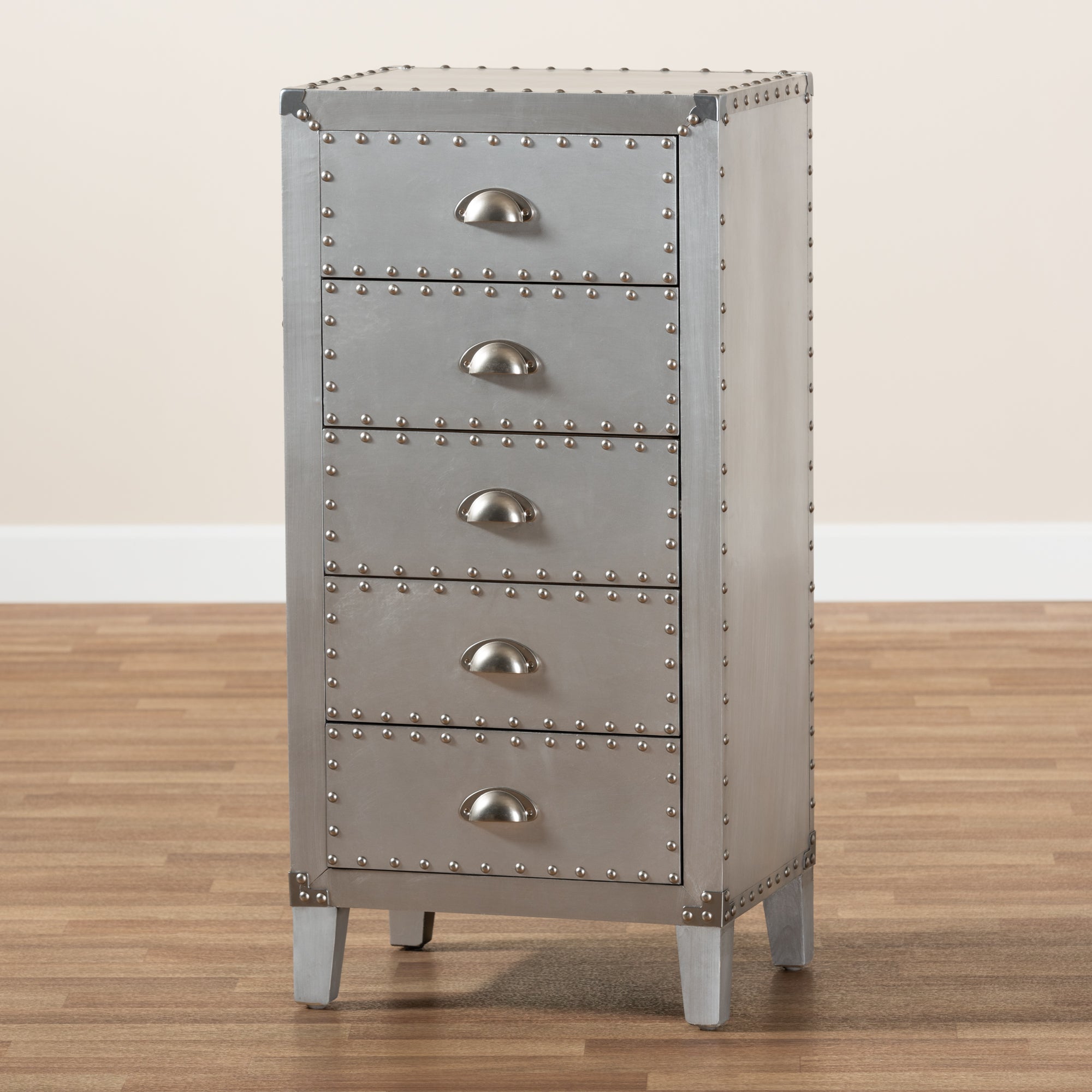Carel French Industrial Silver Metal 5-Drawer Accent Storage Cabinet