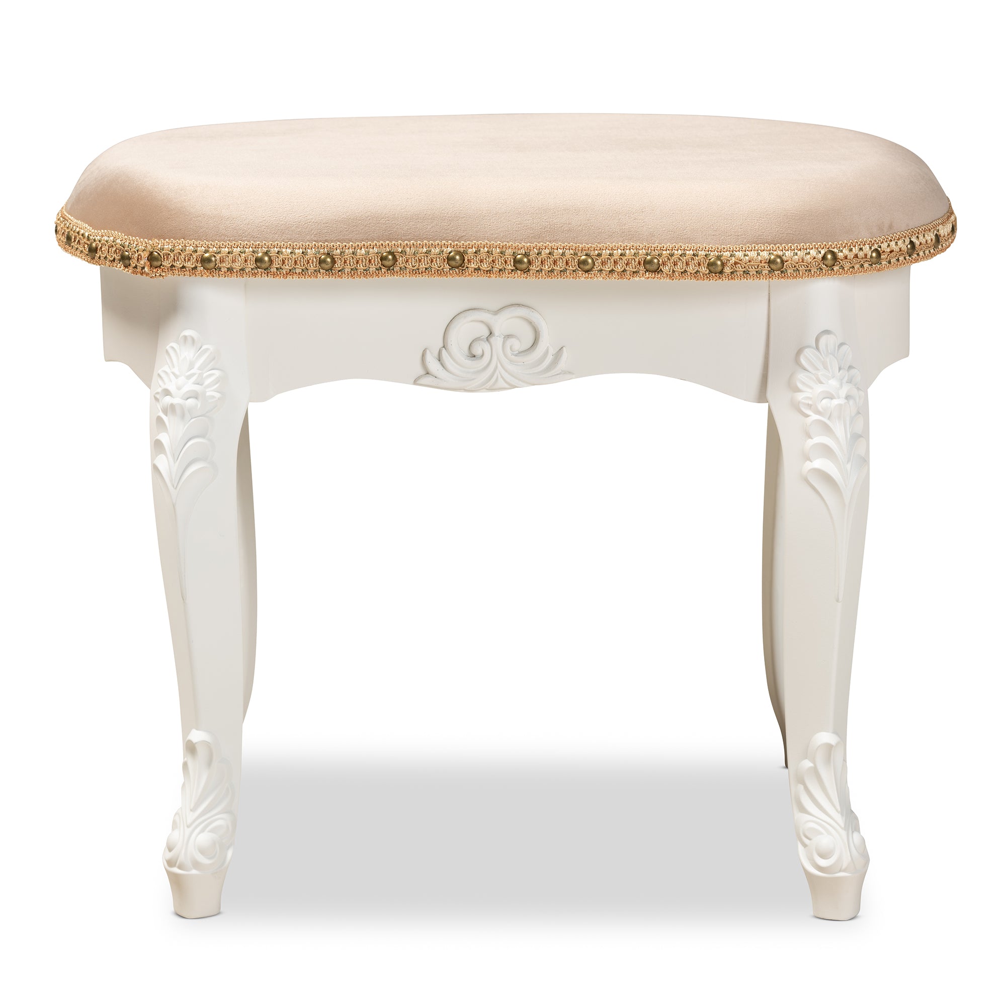 Gabrielle Traditional French Country Provincial Sand Velvet Fabric Upholstered White-Finished Wood Vanity Ottoman
