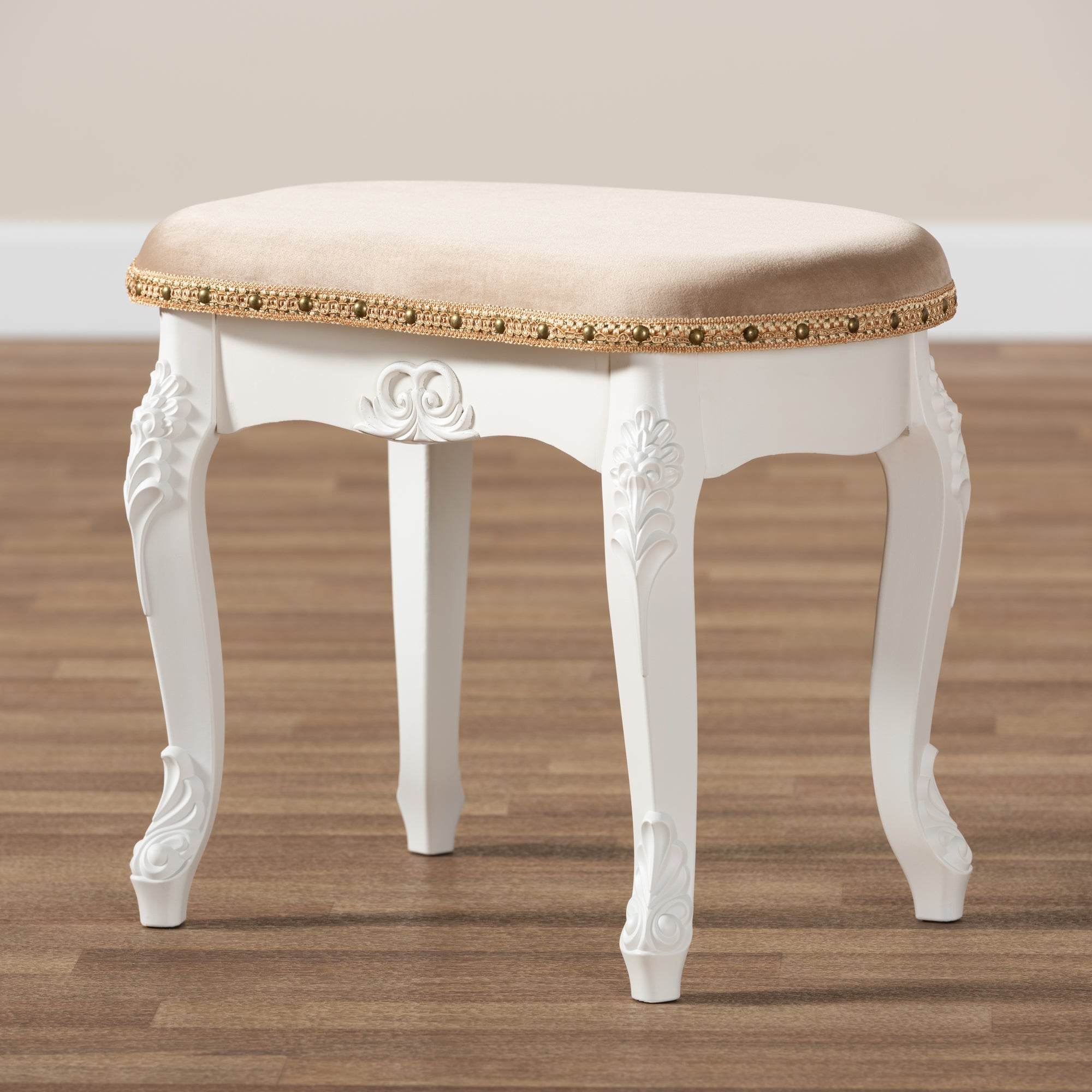Gabrielle Traditional French Country Provincial Sand Velvet Fabric Upholstered White-Finished Wood Vanity Ottoman