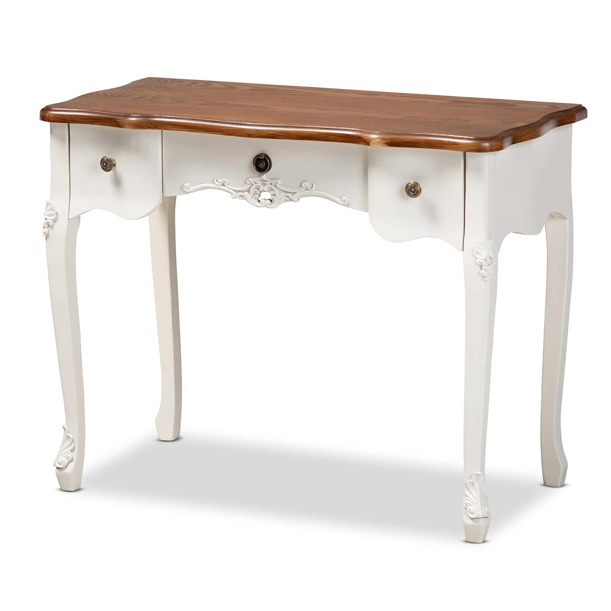 Sophie Classic Traditional French Country White and Brown Finished Small 3-Drawer Wood Console Table