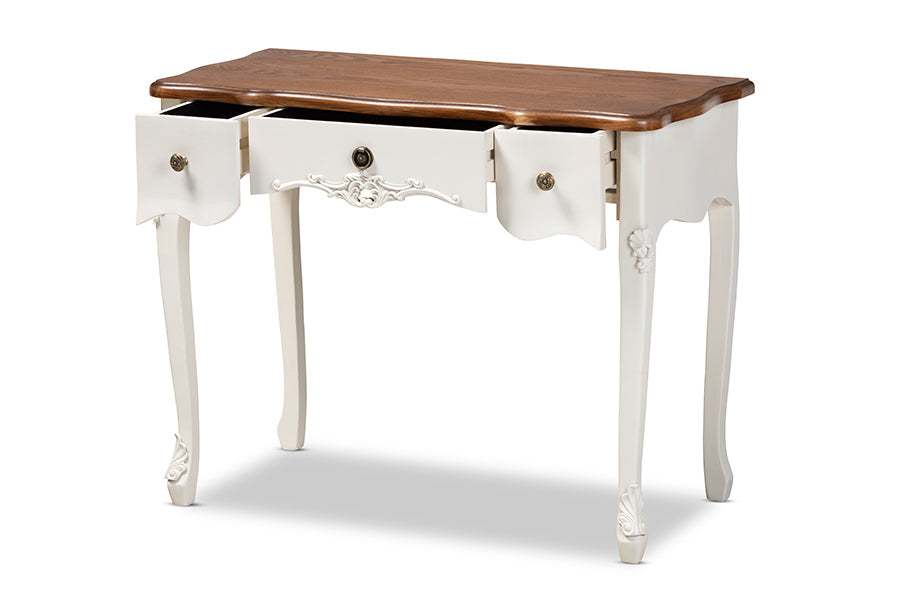 Sophie Classic Traditional French Country White and Brown Finished Small 3-Drawer Wood Console Table