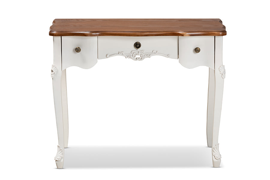 Sophie Classic Traditional French Country White and Brown Finished Small 3-Drawer Wood Console Table