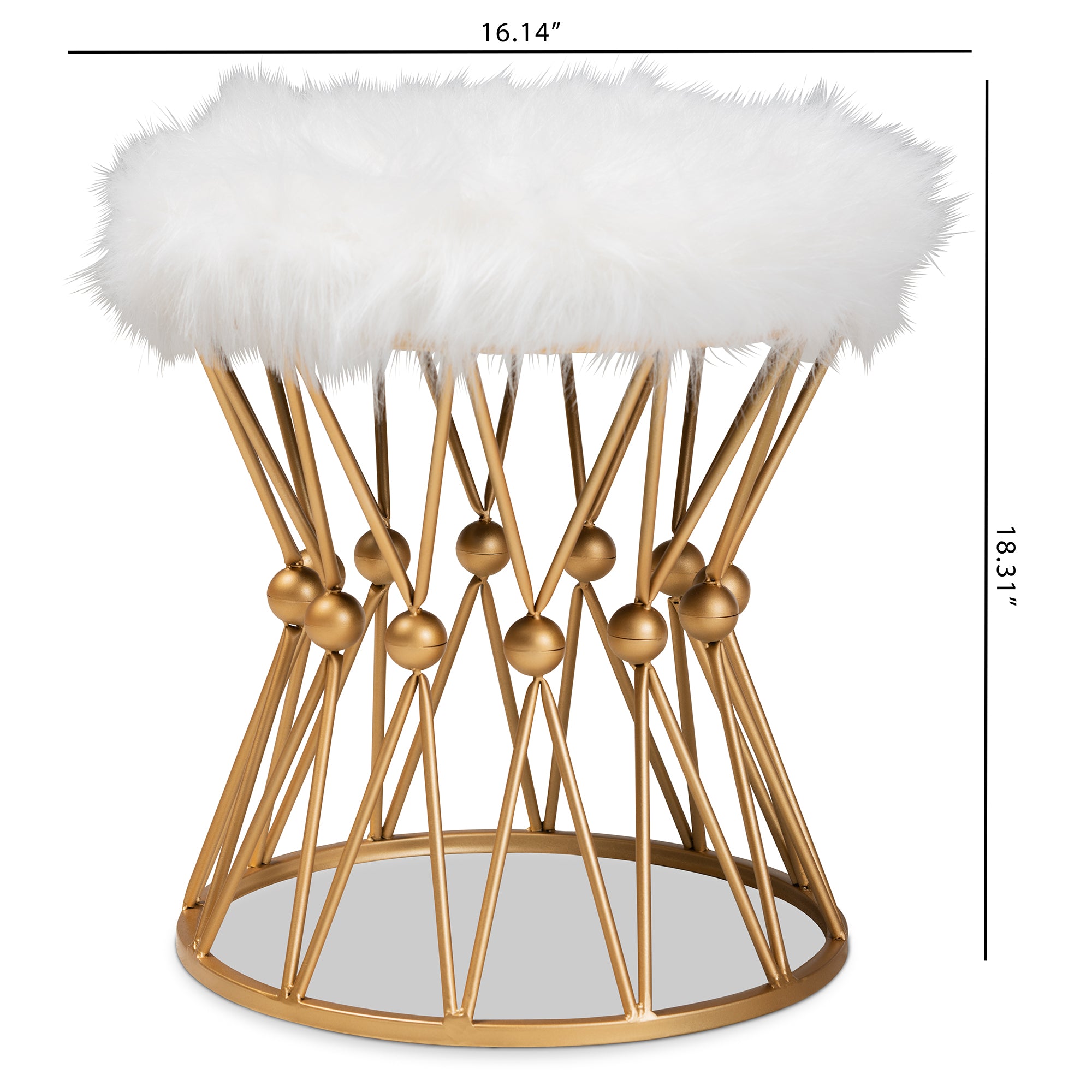 Leonie and White Faux Fur Upholstered Gold Finished Metal Ottoman