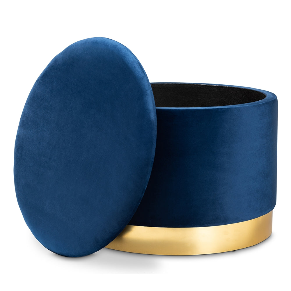 Marisa and Navy Blue Velvet Fabric Upholstered Gold Finished Storage Ottoman