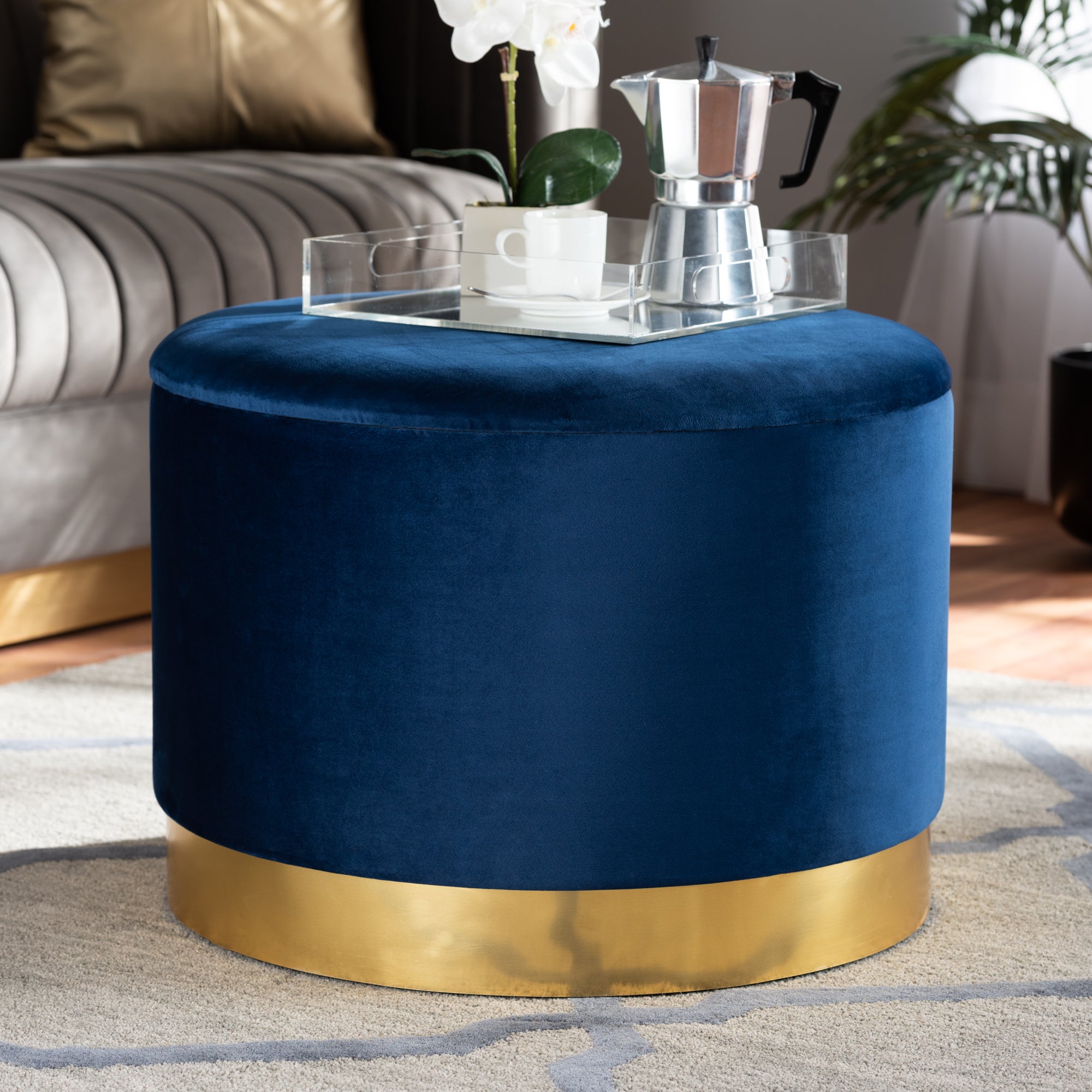 Marisa and Navy Blue Velvet Fabric Upholstered Gold Finished Storage Ottoman