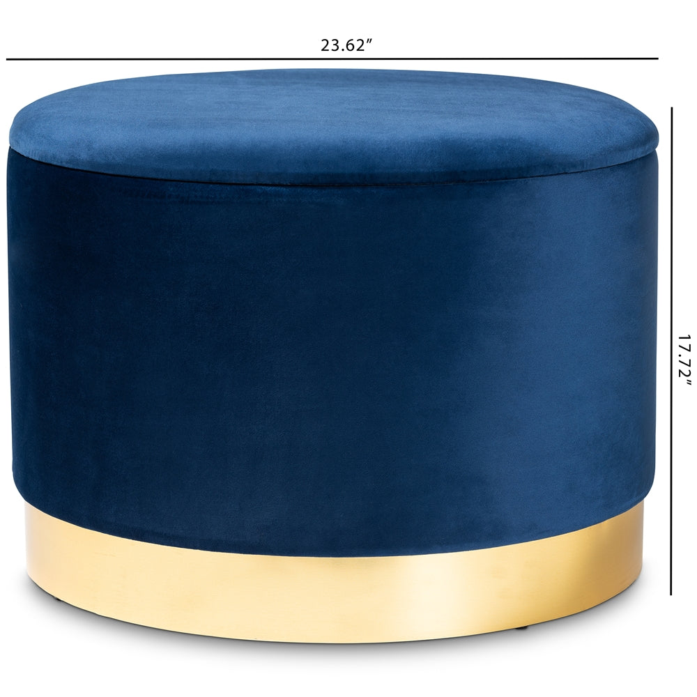Marisa and Navy Blue Velvet Fabric Upholstered Gold Finished Storage Ottoman