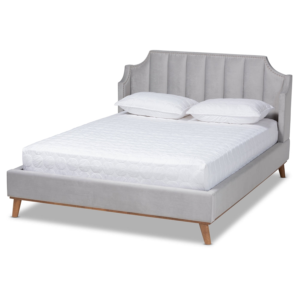 Aphra Adelie King Light Grey Velvet Wingback Bed – Glam Style with Walnut Wood Frame