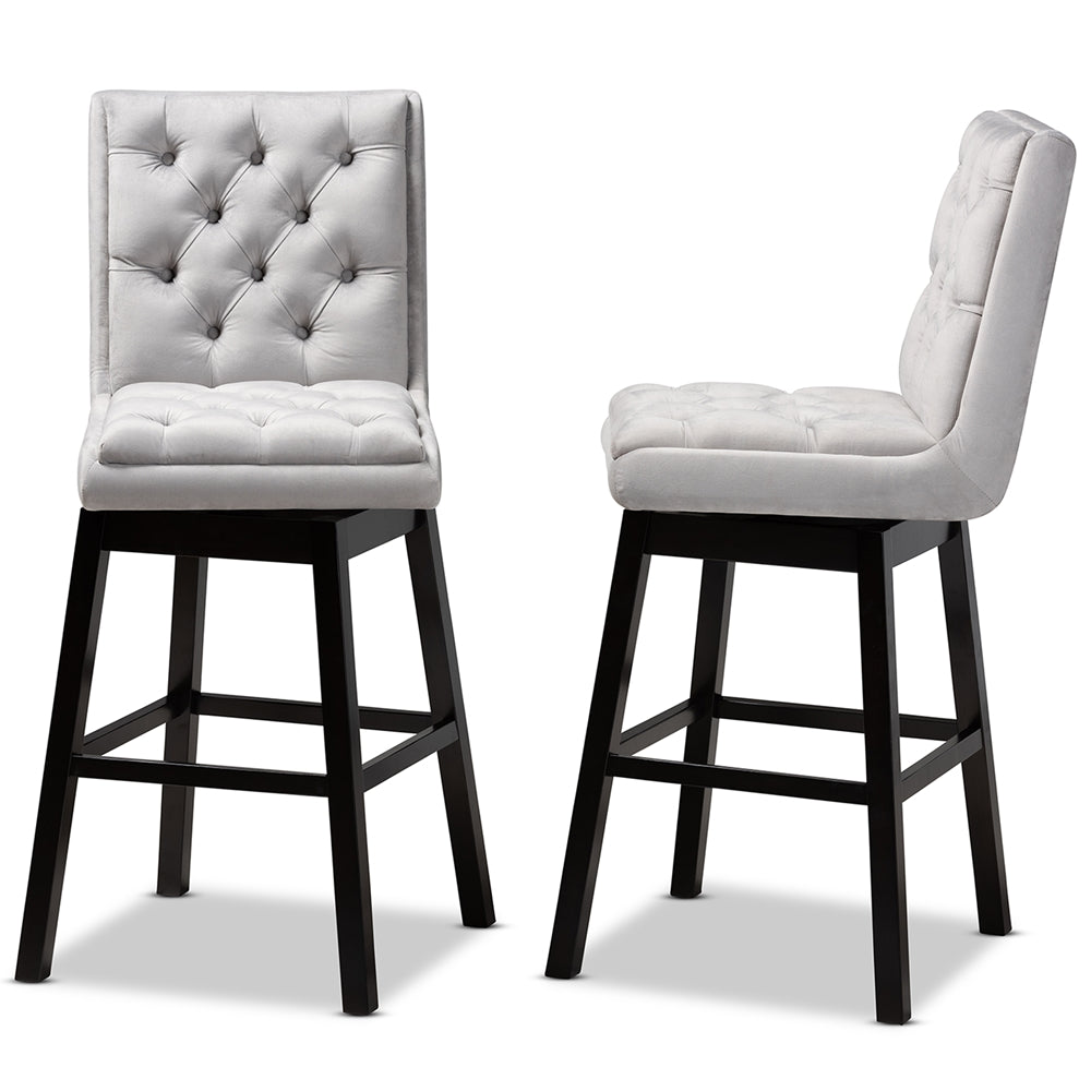 Gregory Modern Transitional Light Grey Velvet Fabric Upholstered and Dark Brown Finished Wood 2-Piece Swivel Bar Stool Set Set