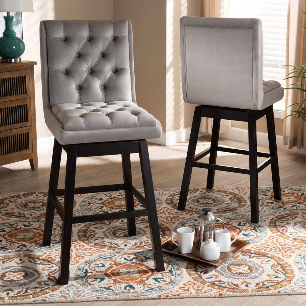 Gregory Modern Transitional Light Grey Velvet Fabric Upholstered and Dark Brown Finished Wood 2-Piece Swivel Bar Stool Set Set