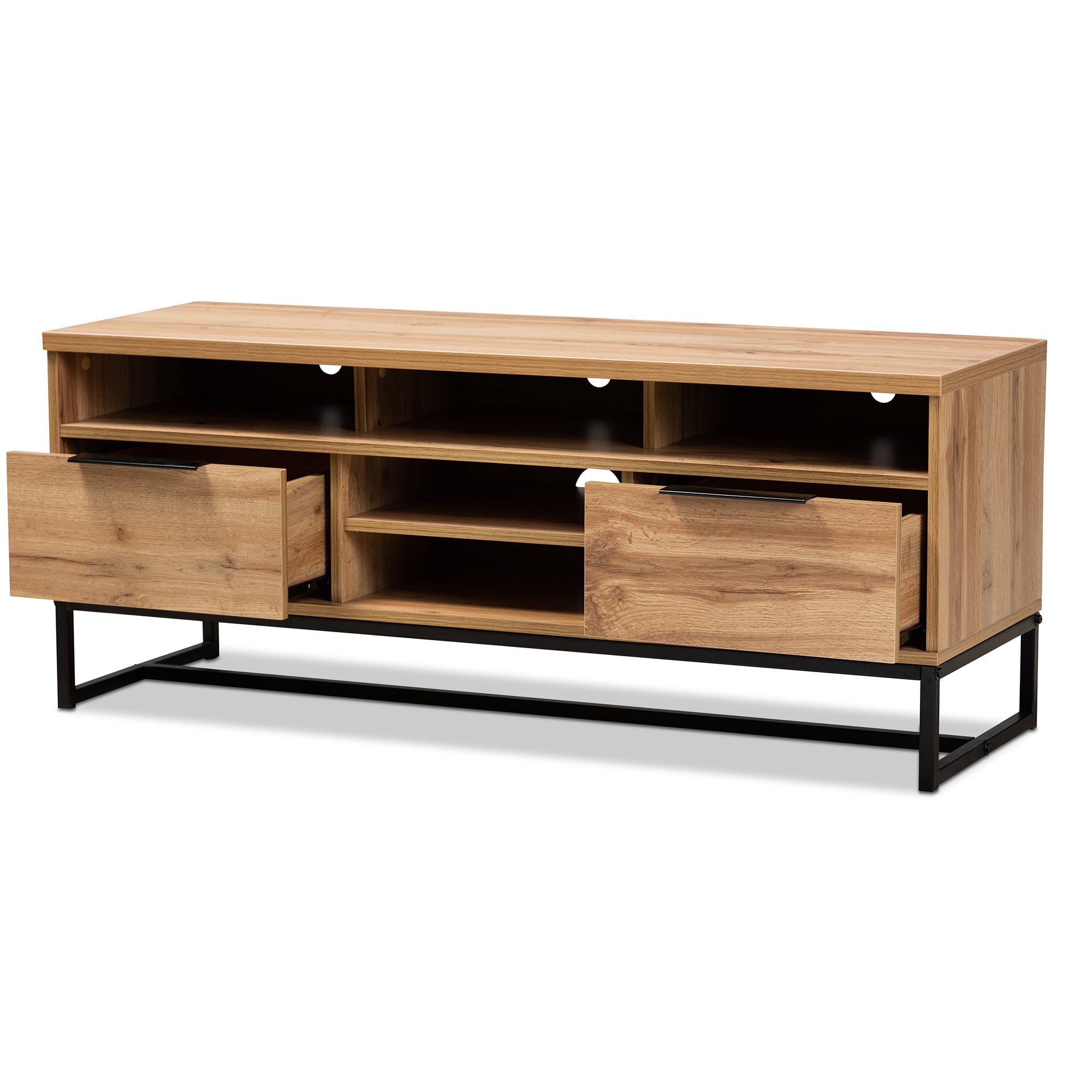 Reid Modern and Contemporary Industrial Oak Finished Wood and Black Metal 2-Drawer TV Stand