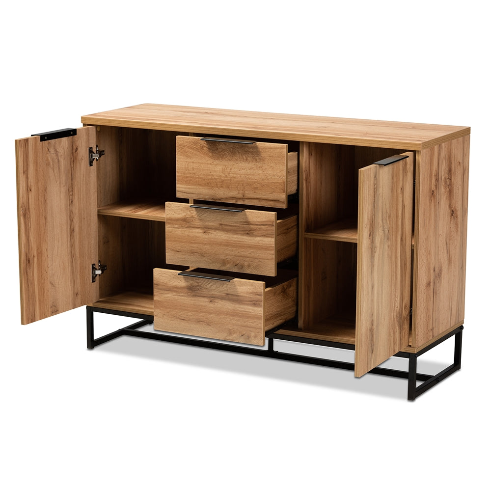 Reid Modern and Contemporary Industrial Oak Finished Wood and Black Metal 3-Drawer Sideboard Buffet