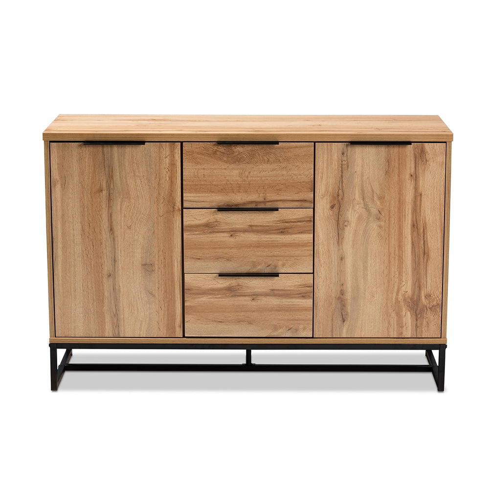 Reid Modern and Contemporary Industrial Oak Finished Wood and Black Metal 3-Drawer Sideboard Buffet