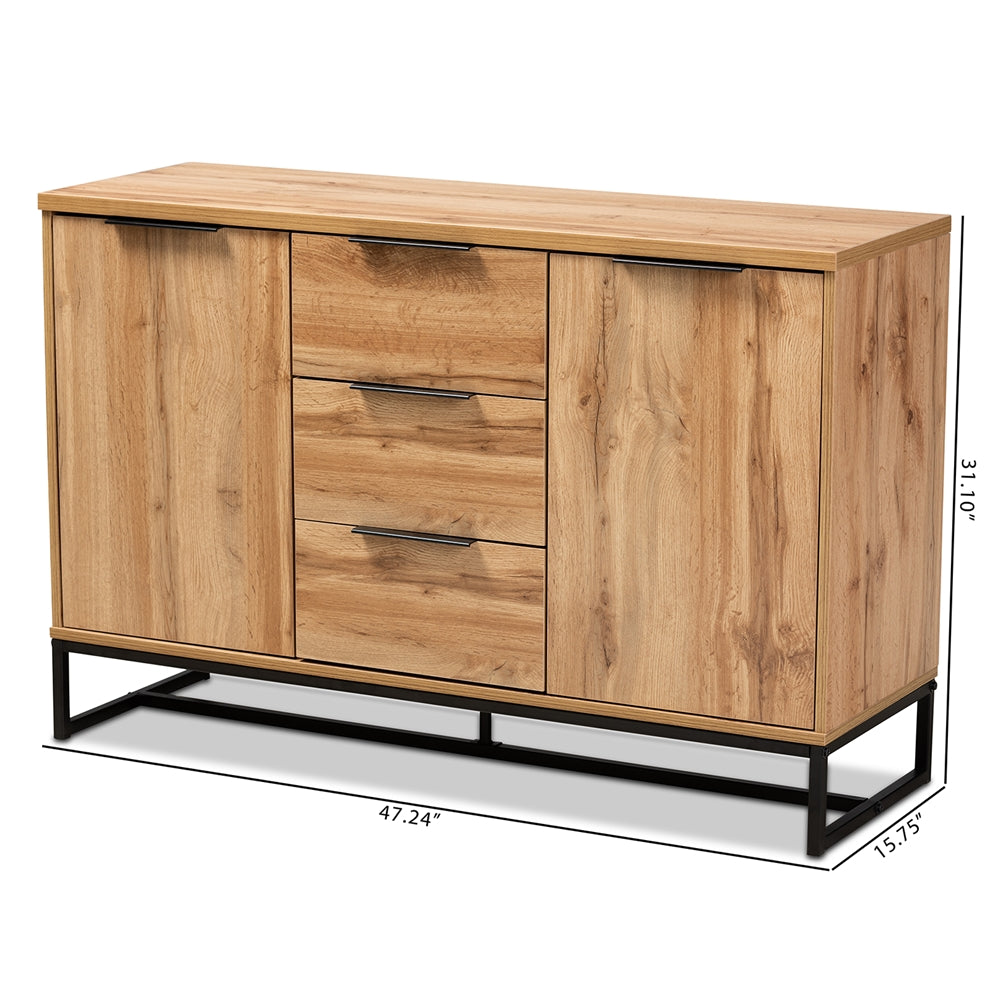 Reid Modern and Contemporary Industrial Oak Finished Wood and Black Metal 3-Drawer Sideboard Buffet