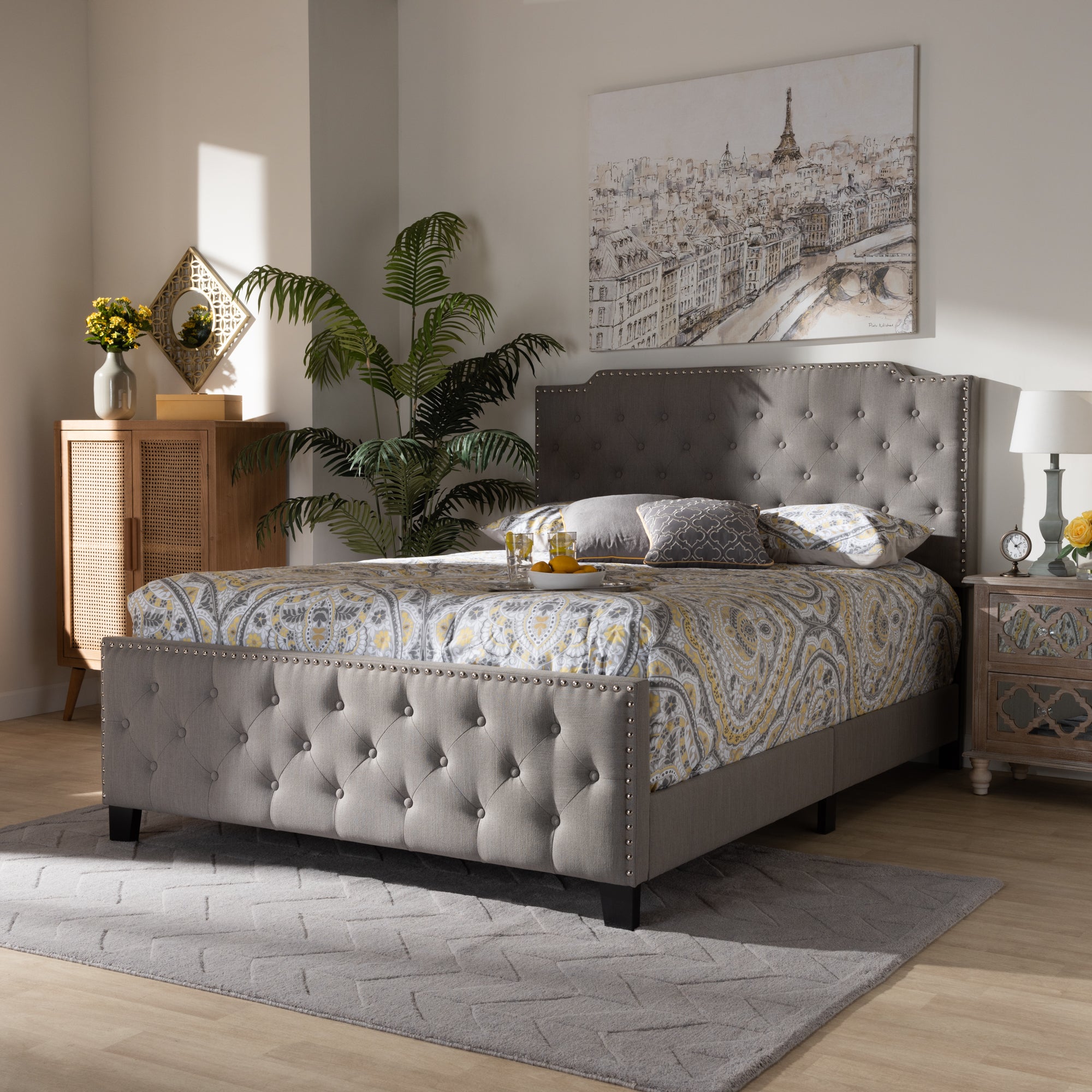 Marion Modern Transitional Grey Fabric Upholstered Button Tufted King Size Panel Bed