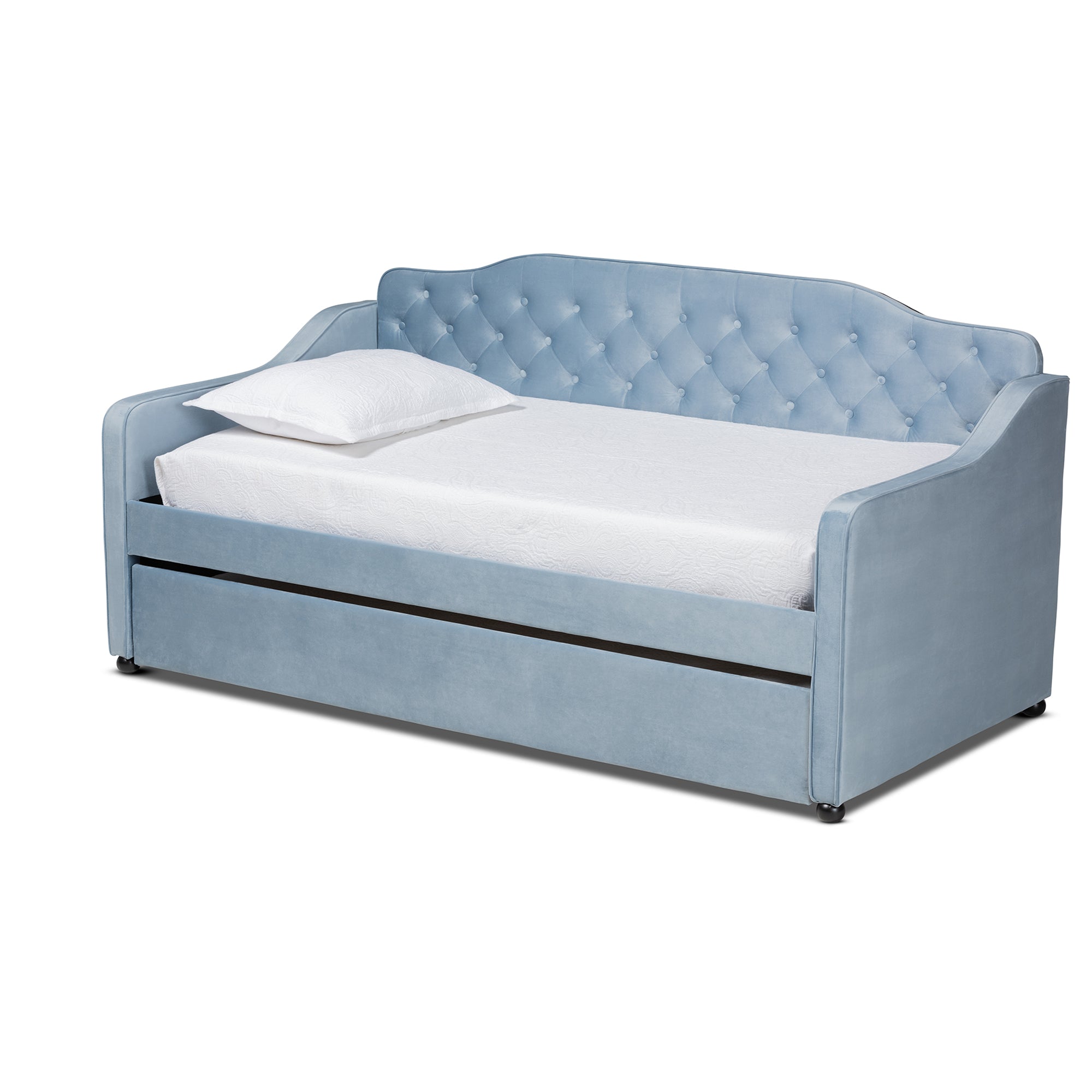 Freda Traditional and Transitional Light Blue Velvet Fabric Upholstered and Button Tufted Twin Size Daybed with Trundle