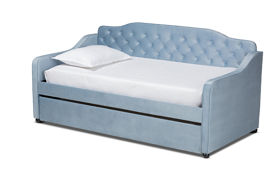 Freda Traditional and Transitional Light Blue Velvet Fabric Upholstered and Button Tufted Twin Size Daybed with Trundle