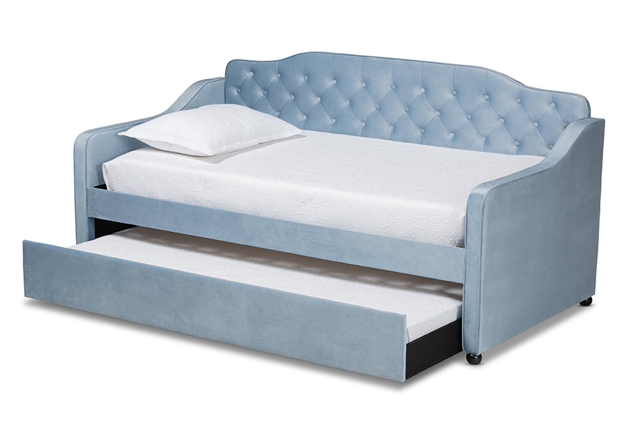 Freda Traditional and Transitional Light Blue Velvet Fabric Upholstered and Button Tufted Twin Size Daybed with Trundle
