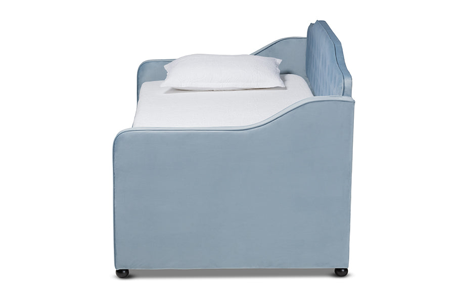 Freda Traditional and Transitional Light Blue Velvet Fabric Upholstered and Button Tufted Twin Size Daybed with Trundle