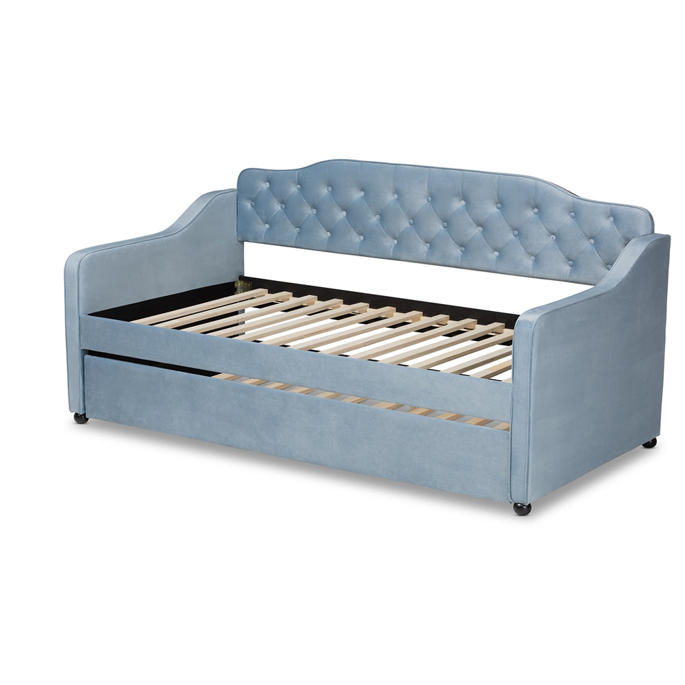 Freda Traditional and Transitional Light Blue Velvet Fabric Upholstered and Button Tufted Twin Size Daybed with Trundle