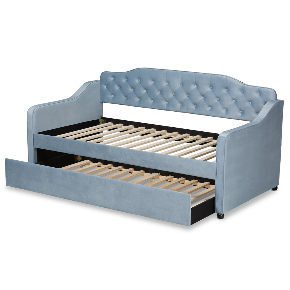 Freda Traditional and Transitional Light Blue Velvet Fabric Upholstered and Button Tufted Twin Size Daybed with Trundle