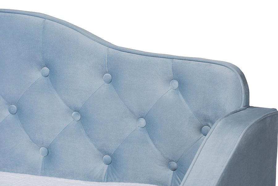 Freda Traditional and Transitional Light Blue Velvet Fabric Upholstered and Button Tufted Twin Size Daybed with Trundle