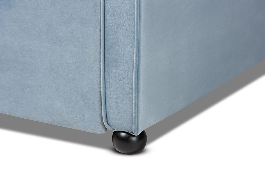 Freda Traditional and Transitional Light Blue Velvet Fabric Upholstered and Button Tufted Twin Size Daybed with Trundle