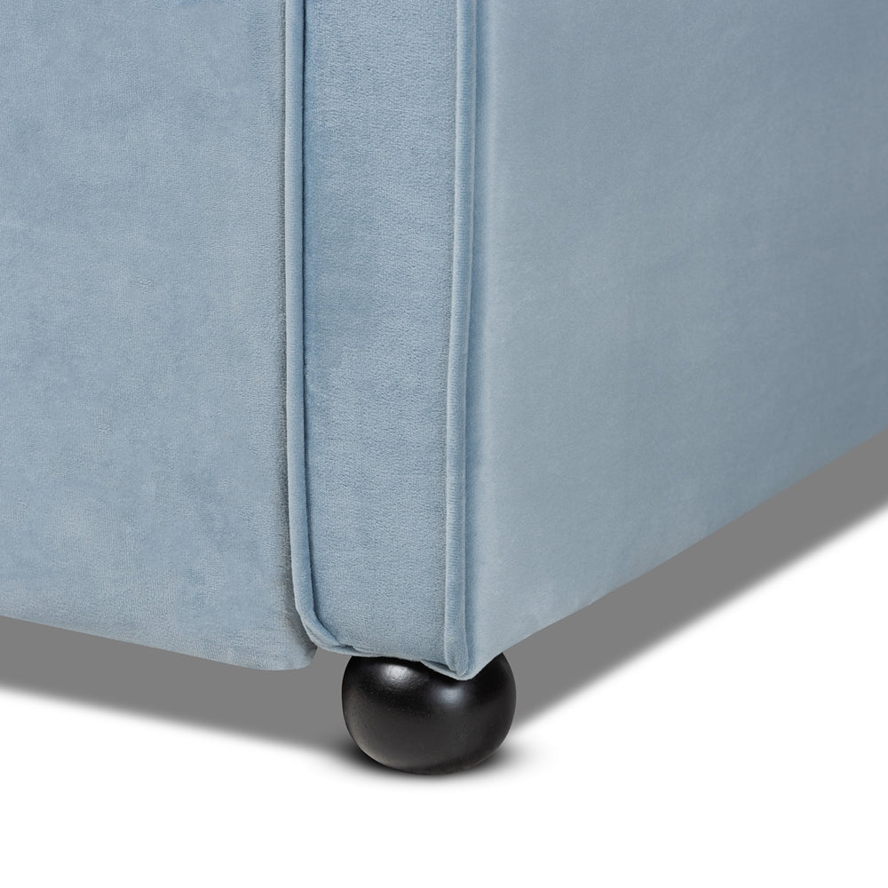 Freda Traditional and Transitional Light Blue Velvet Fabric Upholstered and Button Tufted Twin Size Daybed with Trundle