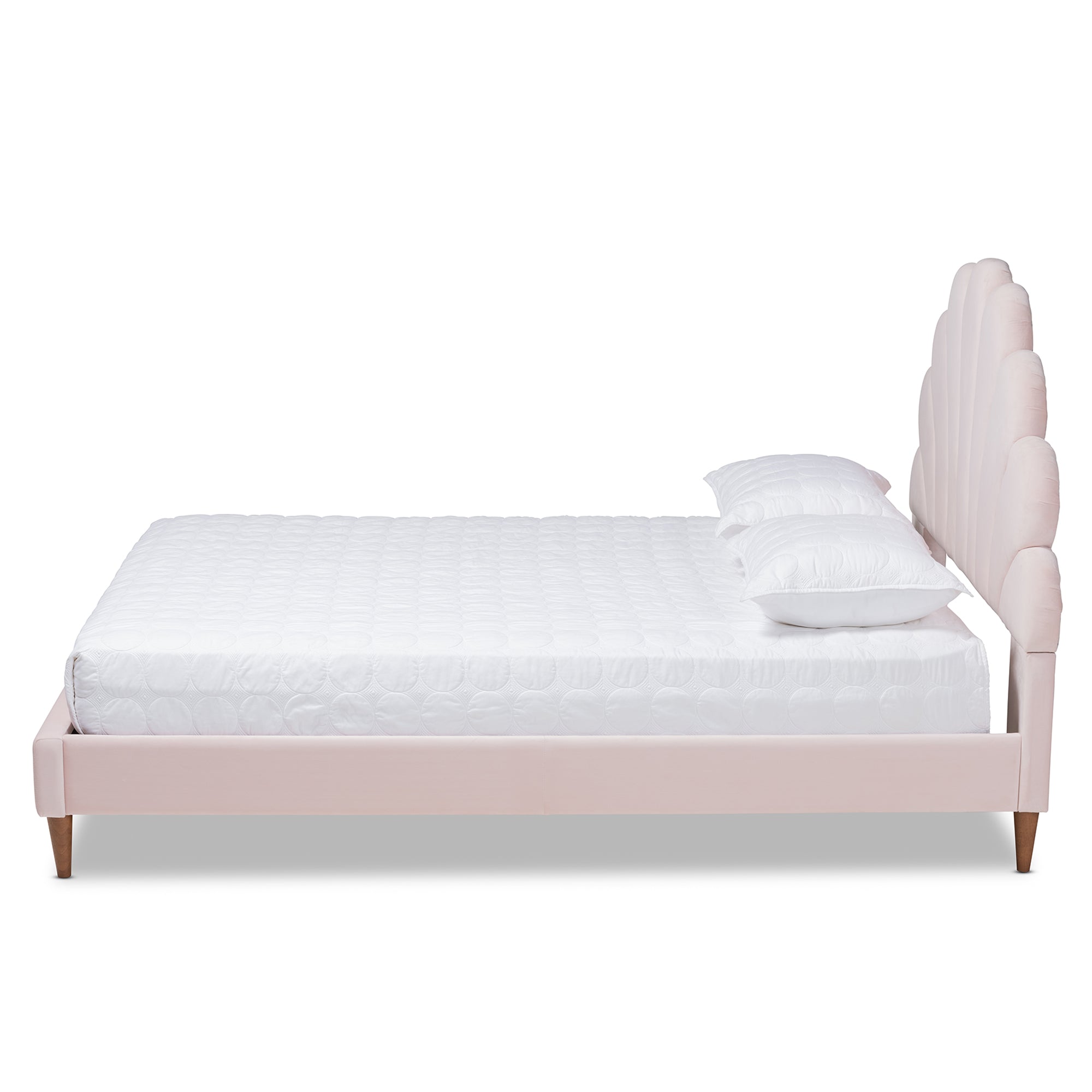 Odille Light Pink Velvet Walnut Brown Wood Queen Size Platform Bed