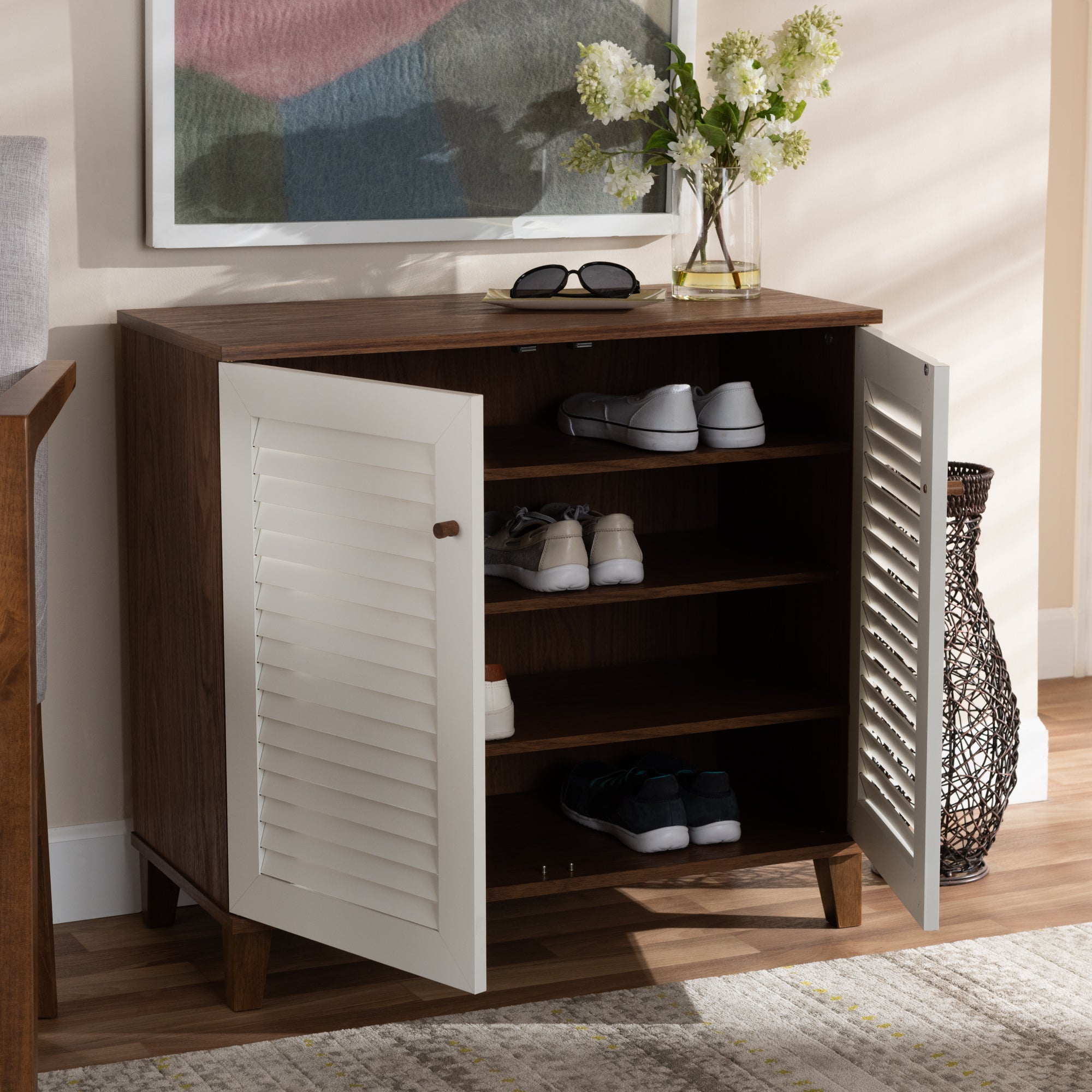 Coolidge Modern and Contemporary White and Walnut Finished 4-Shelf Wood Shoe Storage Cabinet
