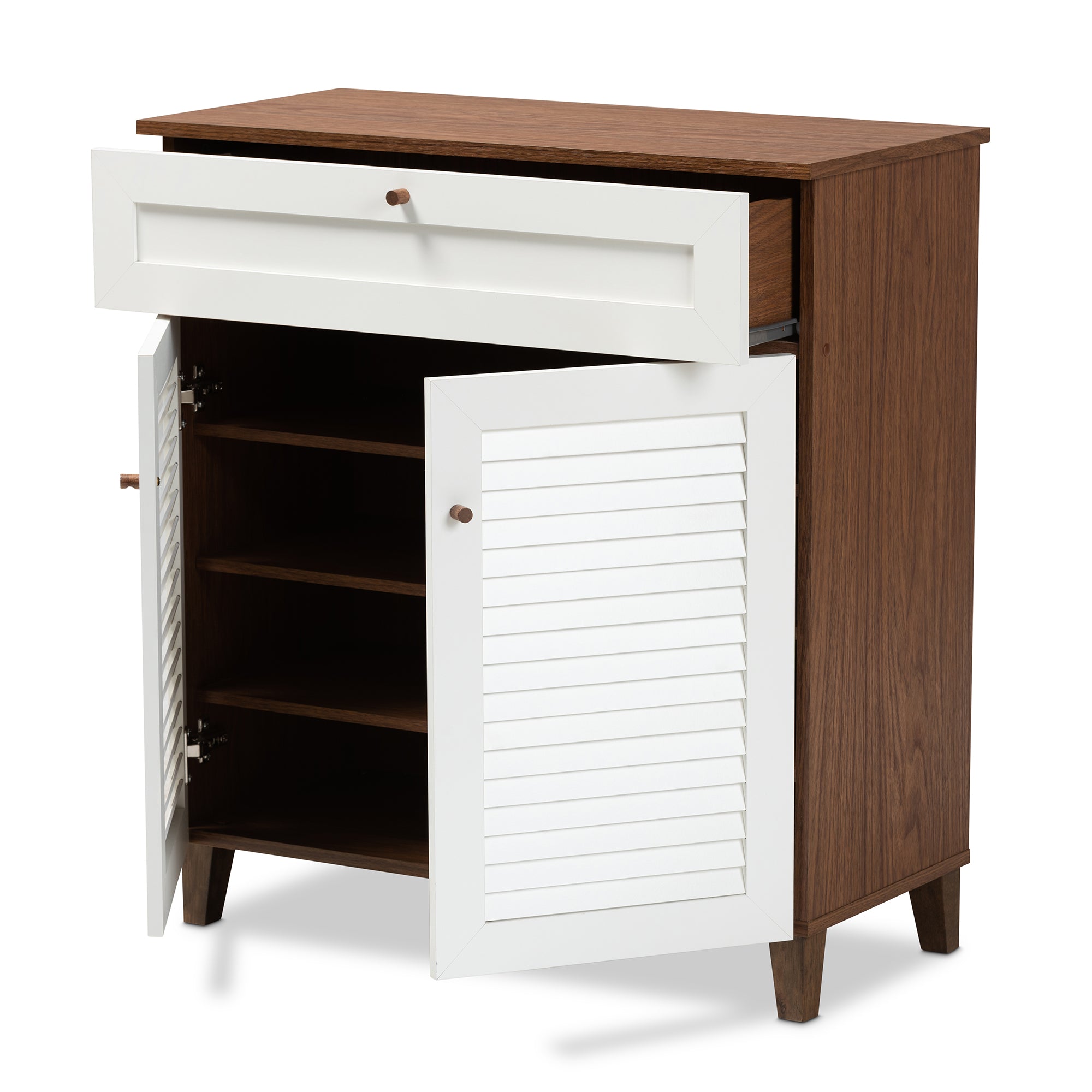 Coolidge Modern and Contemporary White and Walnut Finished 4-Shelf Wood Shoe Storage Cabinet with Drawer