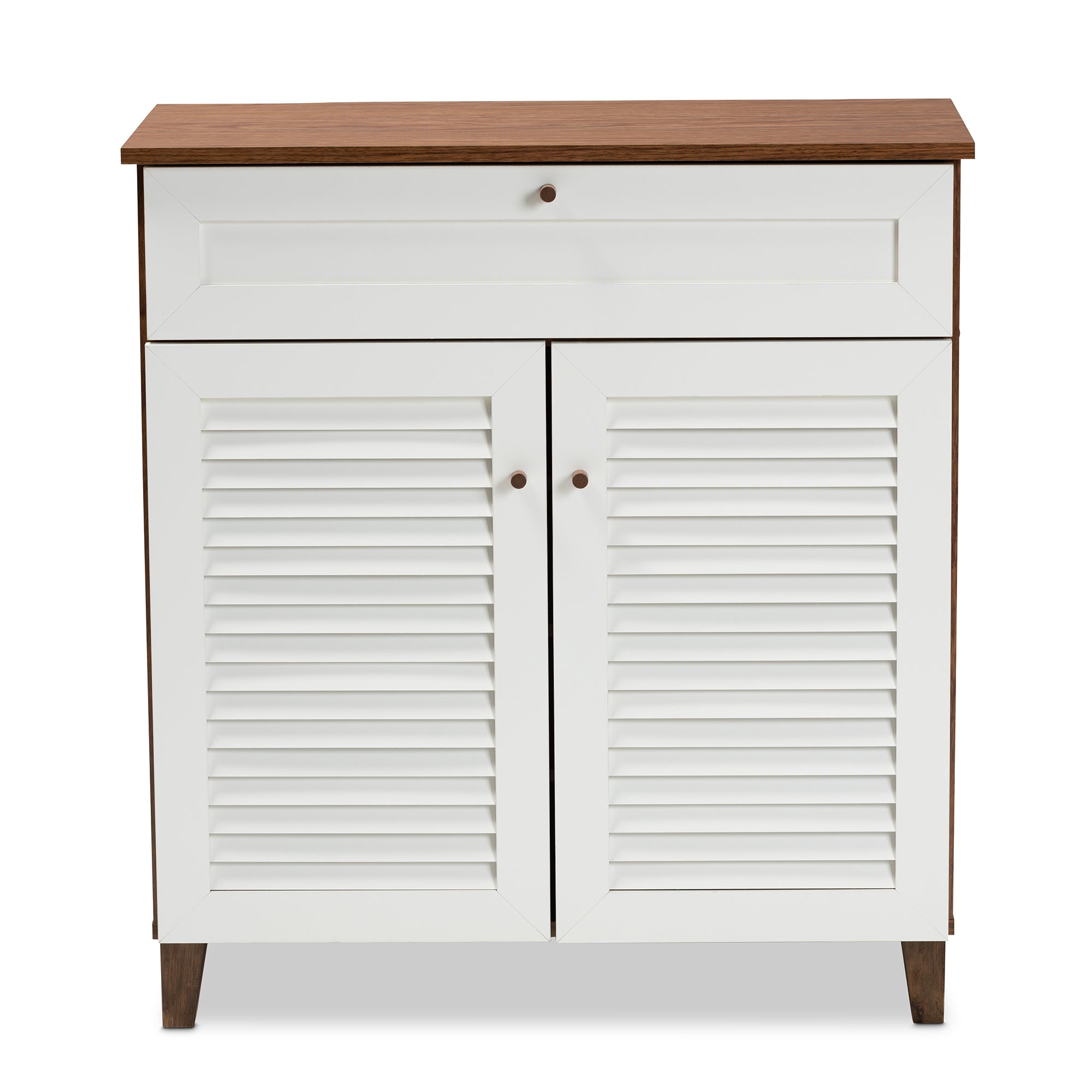Coolidge Modern and Contemporary White and Walnut Finished 4-Shelf Wood Shoe Storage Cabinet with Drawer