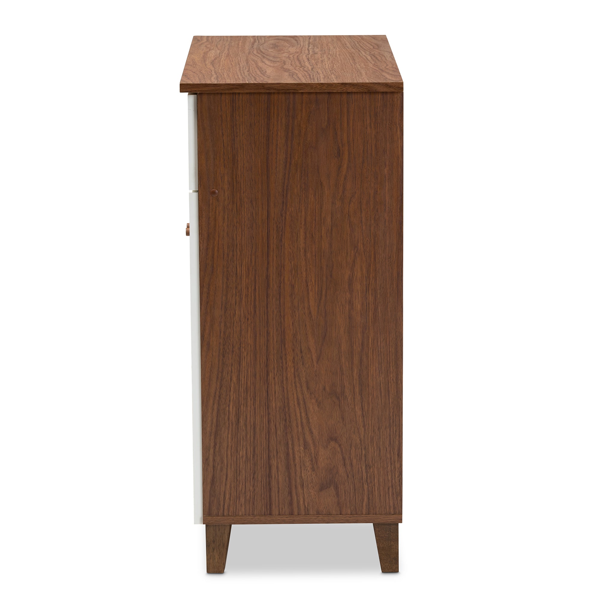 Coolidge Modern and Contemporary White and Walnut Finished 4-Shelf Wood Shoe Storage Cabinet with Drawer