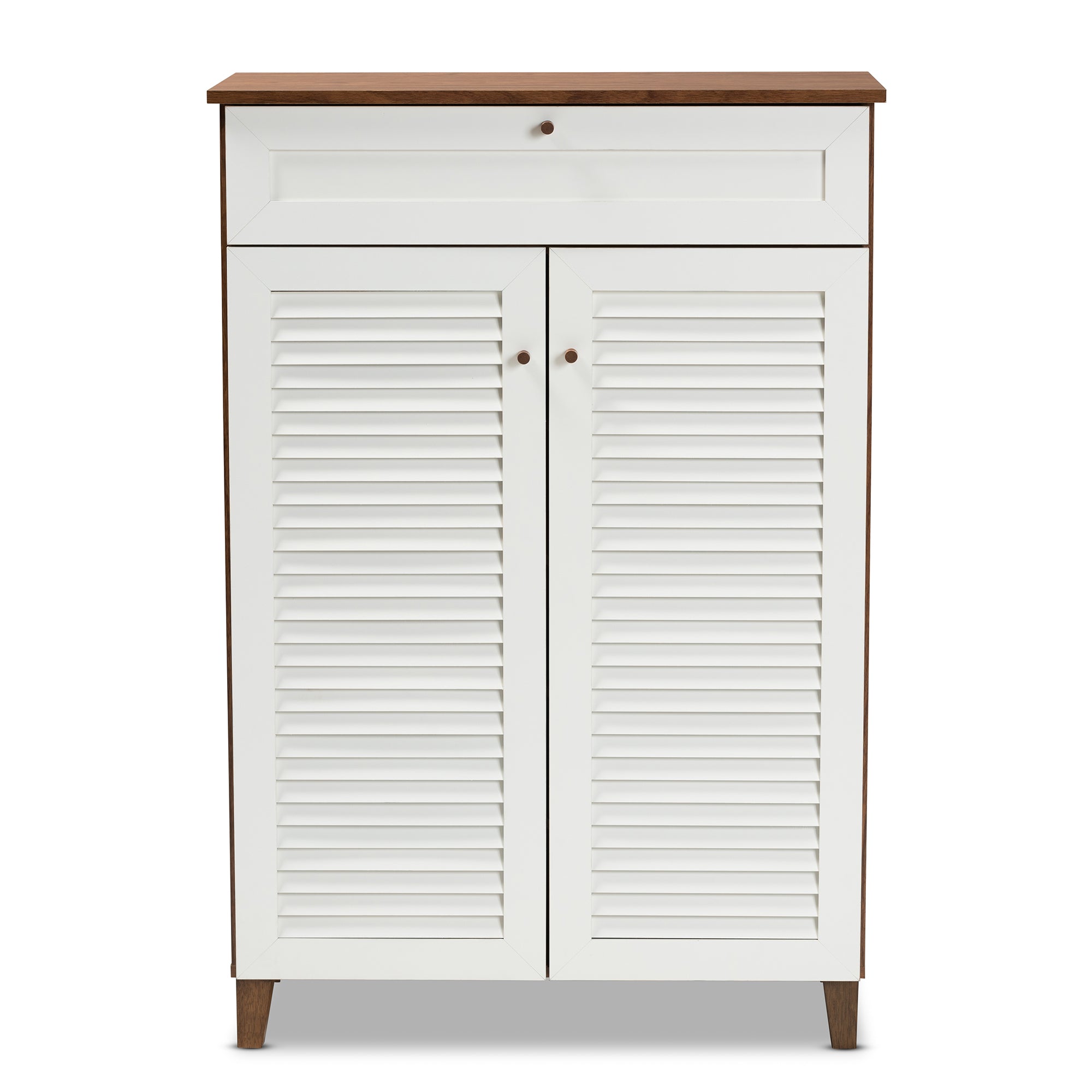 Coolidge Modern and Contemporary White and Walnut Finished 5-Shelf Wood Shoe Storage Cabinet with Drawer