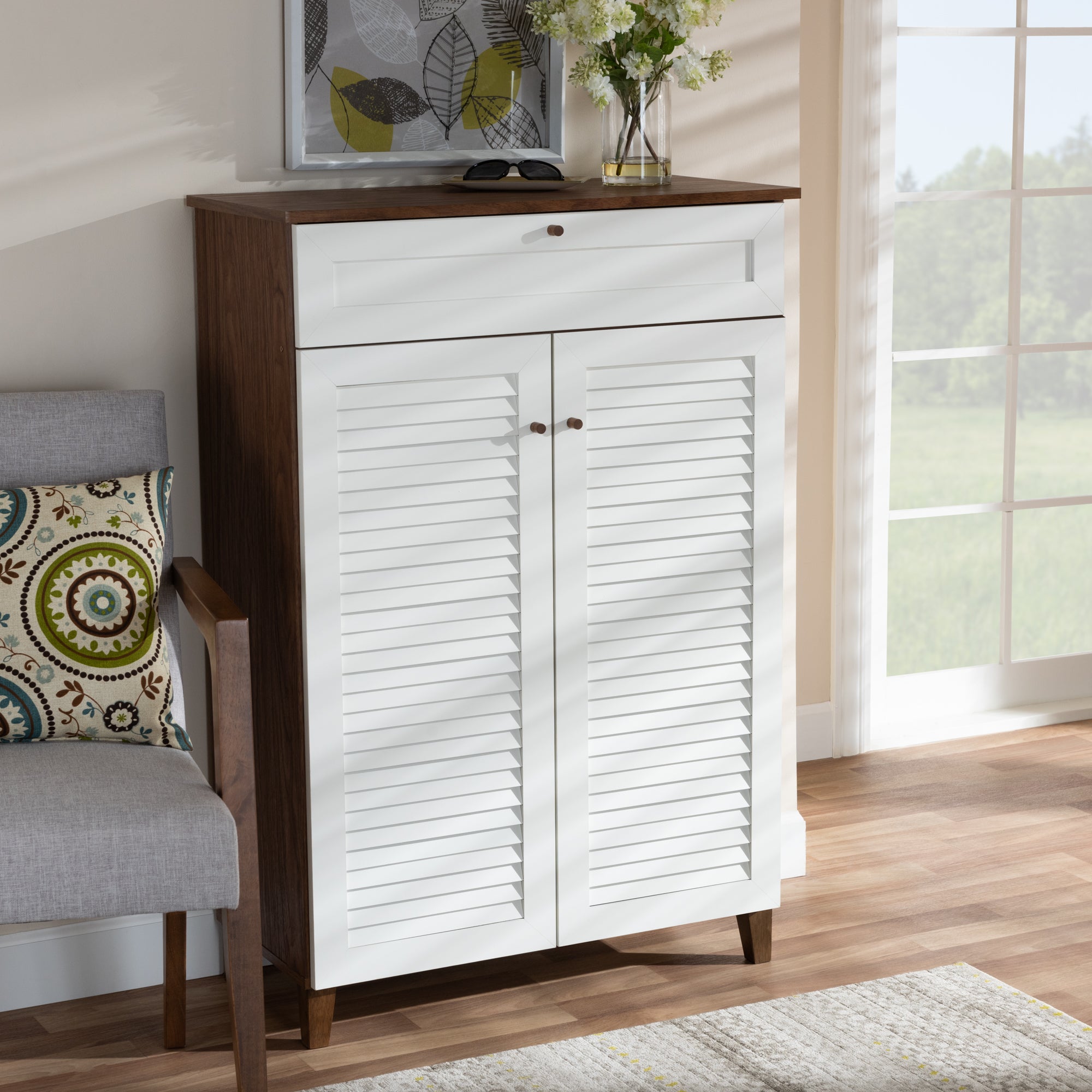 Coolidge Modern and Contemporary White and Walnut Finished 5-Shelf Wood Shoe Storage Cabinet with Drawer