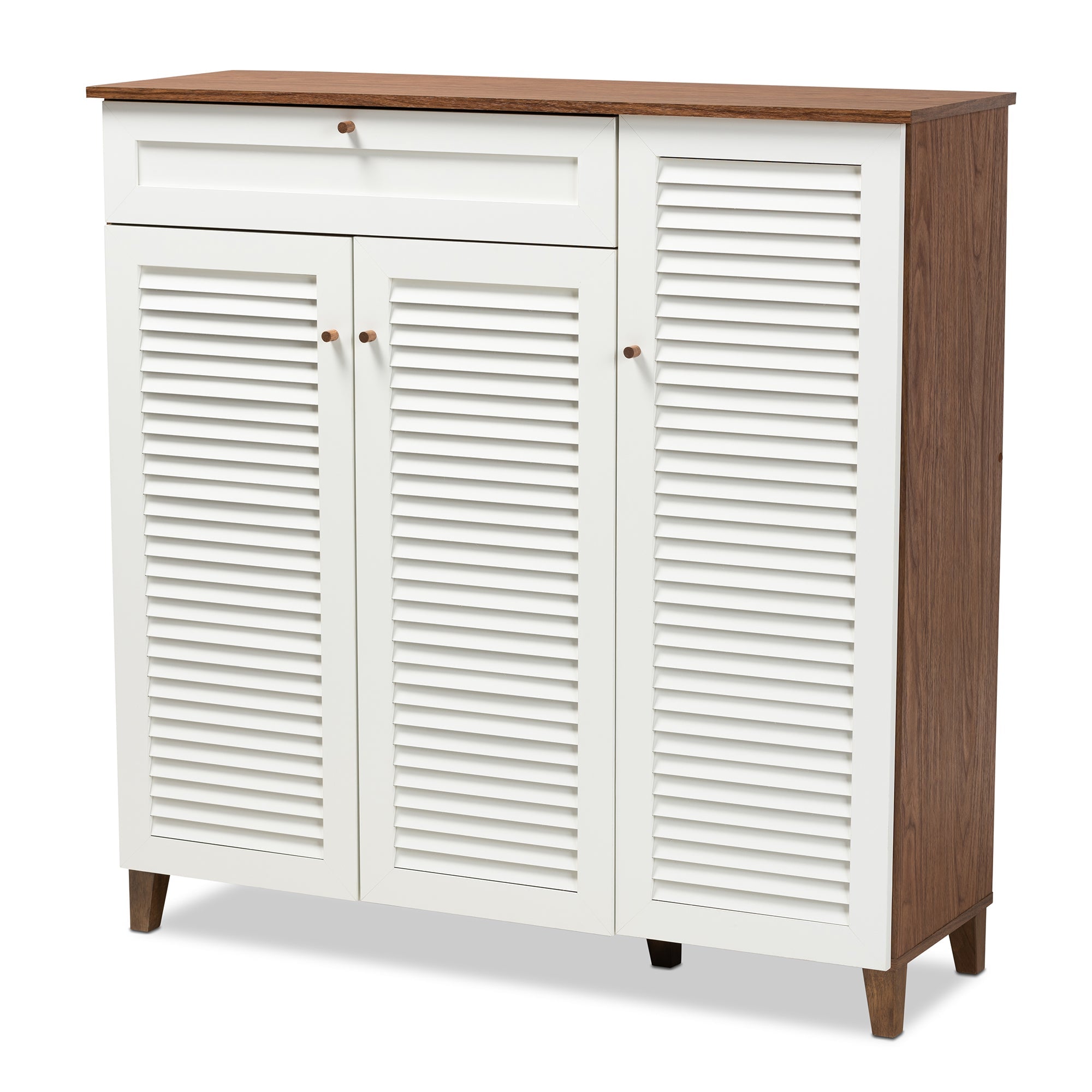 Coolidge Modern and Contemporary White and Walnut Finished 11-Shelf Wood Shoe Storage Cabinet with Drawer