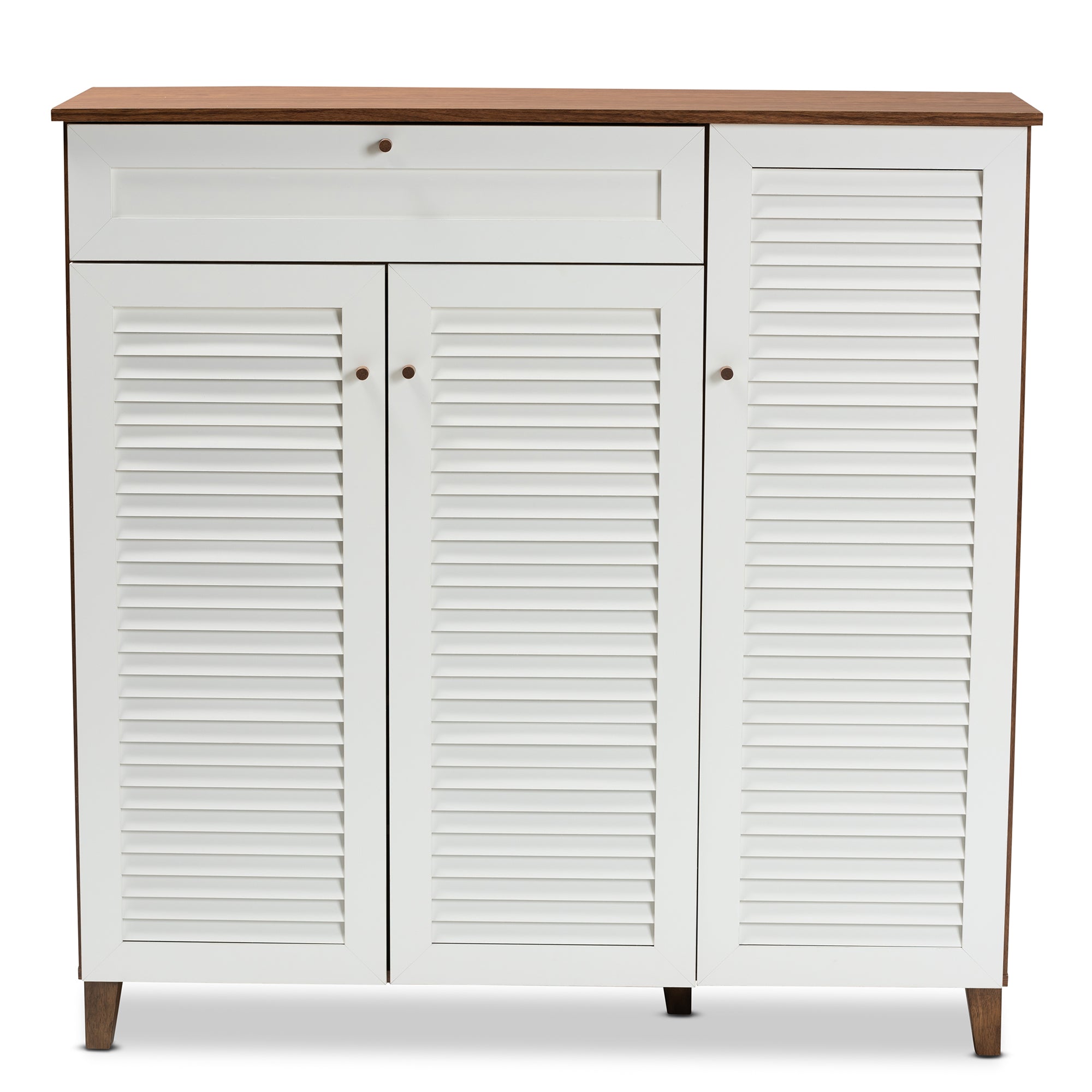 Coolidge Modern and Contemporary White and Walnut Finished 11-Shelf Wood Shoe Storage Cabinet with Drawer