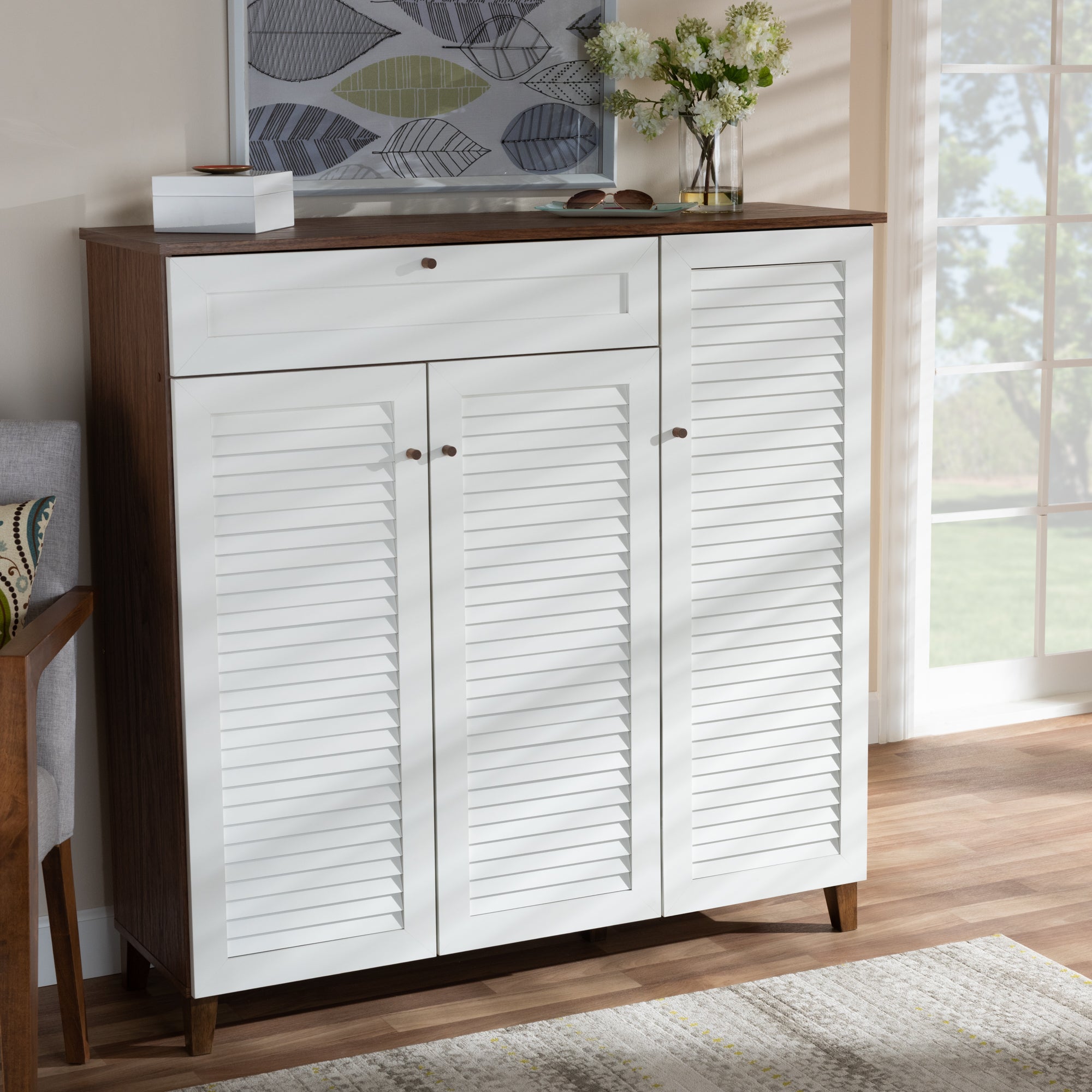 Coolidge Modern and Contemporary White and Walnut Finished 11-Shelf Wood Shoe Storage Cabinet with Drawer