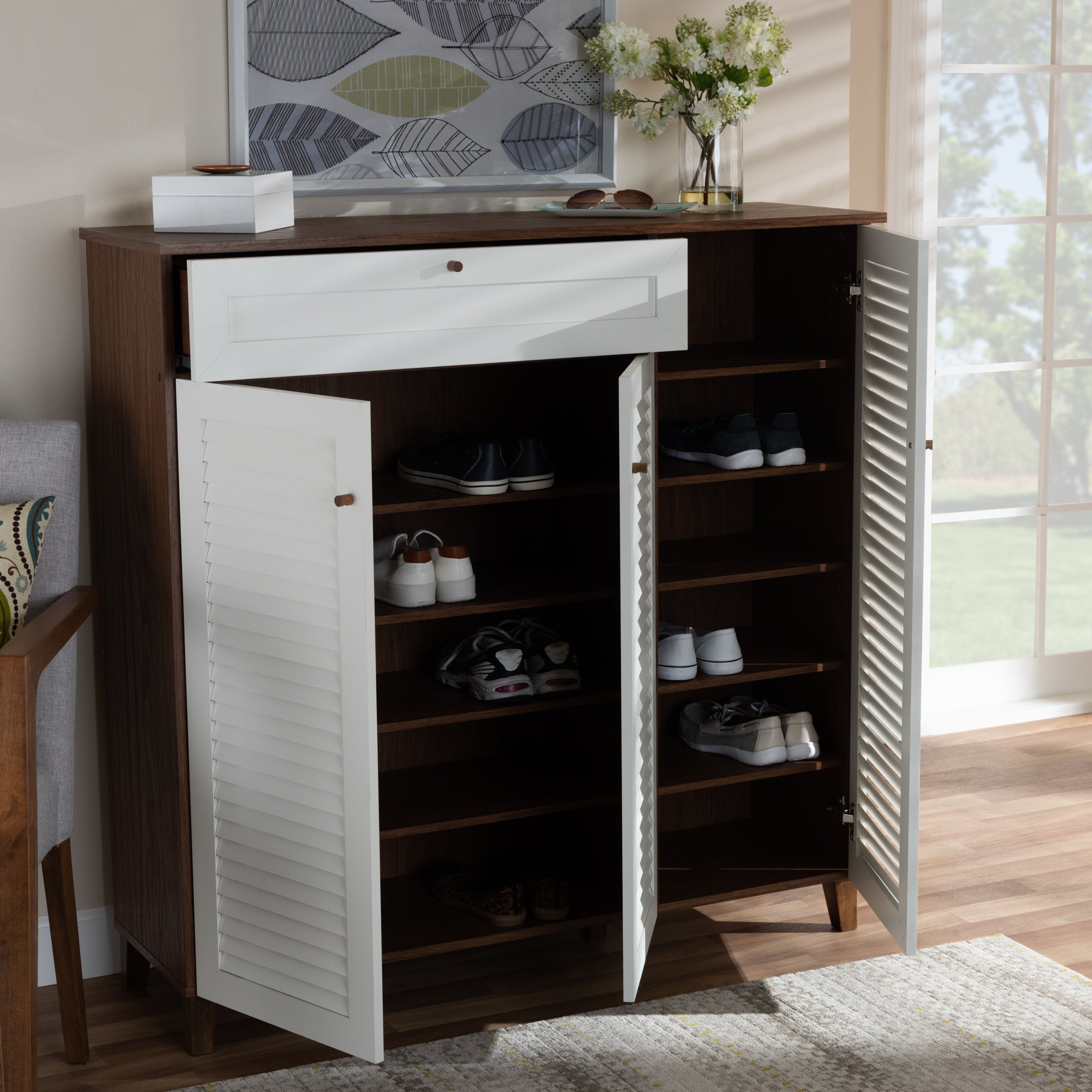 Coolidge Modern and Contemporary White and Walnut Finished 11-Shelf Wood Shoe Storage Cabinet with Drawer
