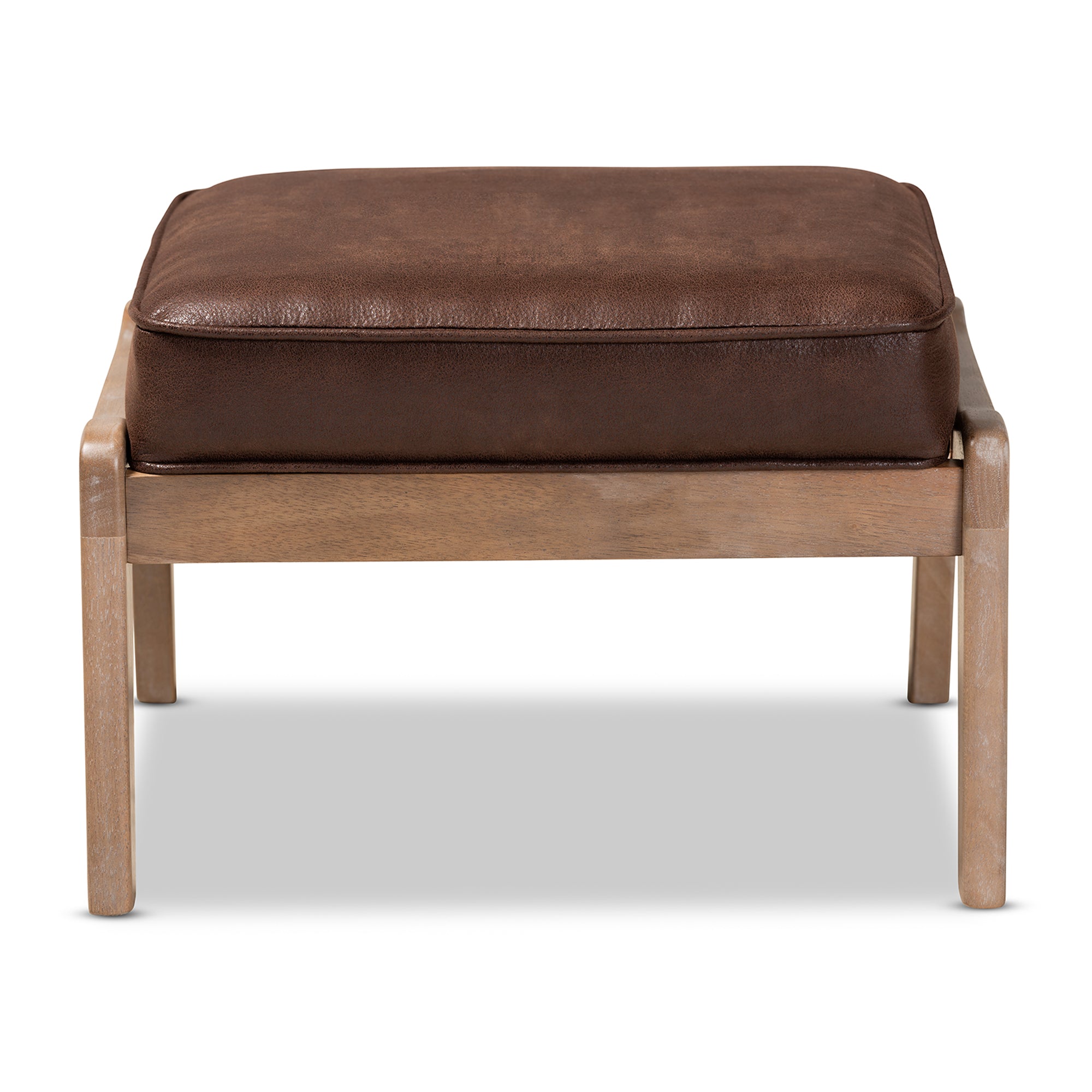 Sigrid Mid-Century Modern Dark Brown Faux Leather Effect Fabric Upholstered Antique Oak Finished Wood Ottoman