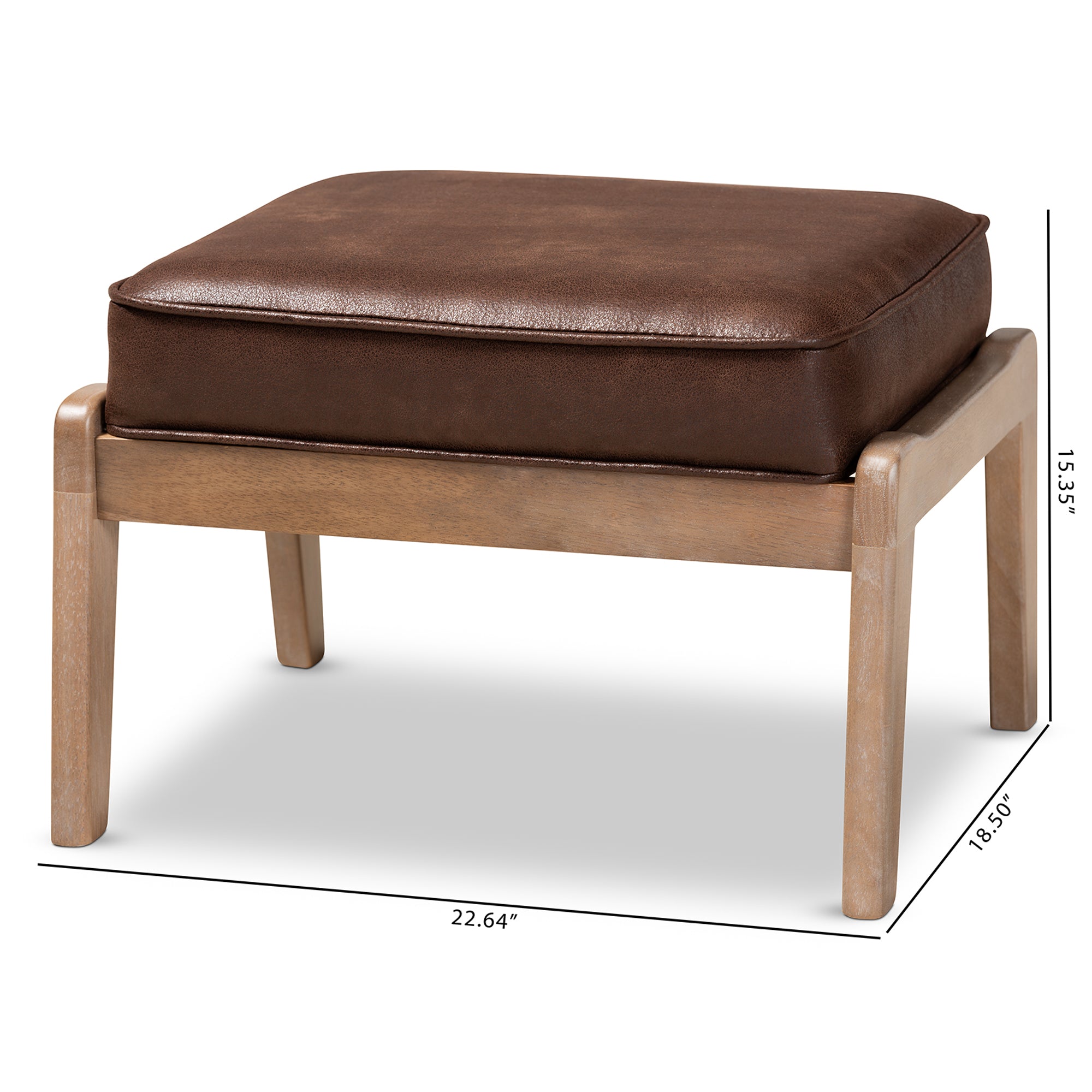 Sigrid Mid-Century Modern Dark Brown Faux Leather Effect Fabric Upholstered Antique Oak Finished Wood Ottoman