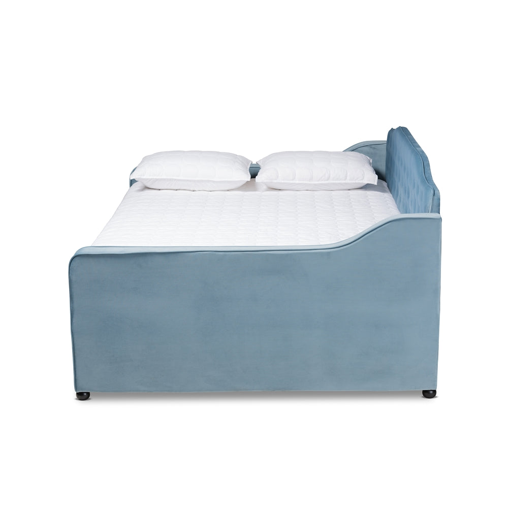 Freda Transitional and Contemporary Light Blue Velvet Fabric Upholstered and Button Tufted Queen Size Daybed with Trundle